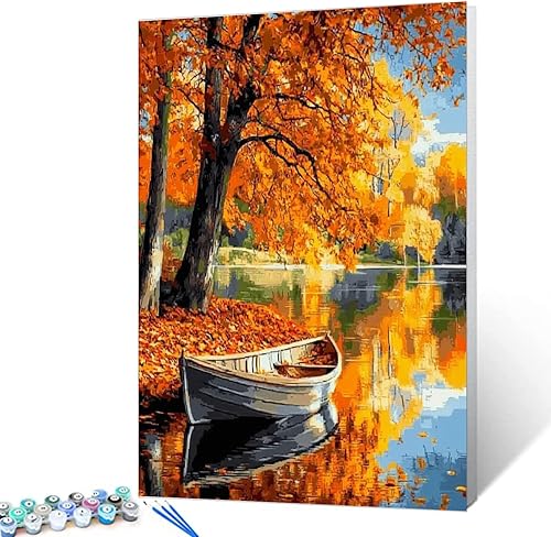 Pintura enmarcada con árbol tropical de otoño por números para adultos, niños, principiantes, kit de pintura de bosque de montaña, 16 x 20 pulgadas,