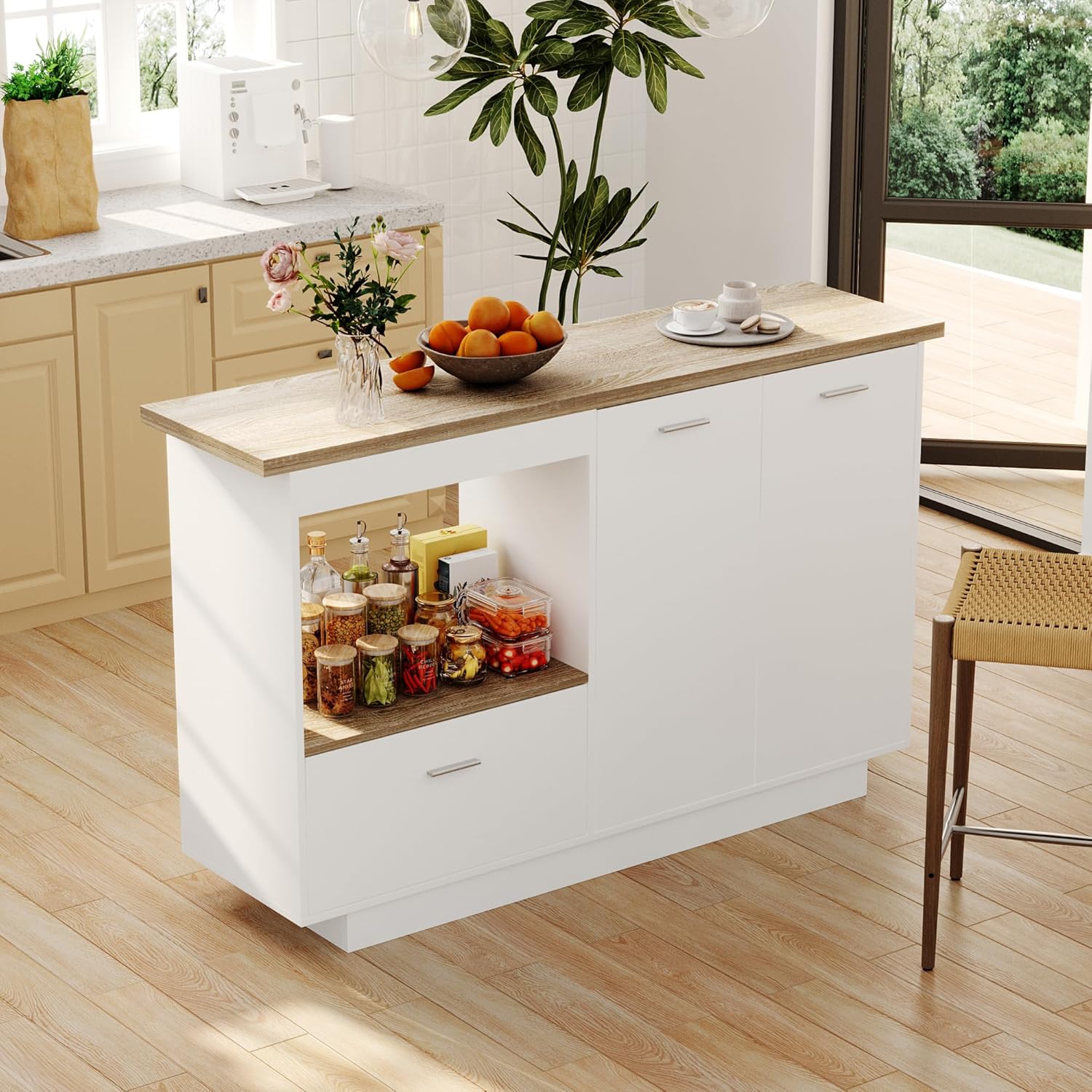 ECACAD 59.1" L Kitchen Island with Lots Storage & Foldable Brown Counter Top, Wood Kitchen Prep Table Stationery Storage Cabinet with Drawers, Shelves & Doors for Dining Room, Brown & White