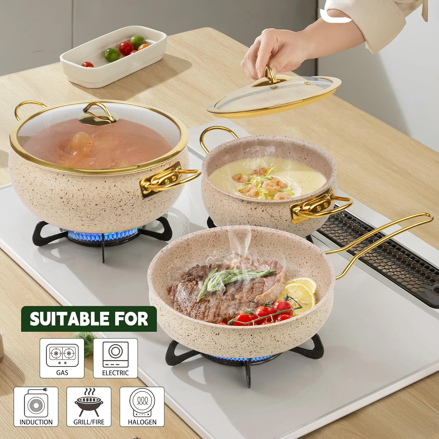 5-Ply Stainless Steel Cookware Set, 12Pcs Pots and Pans Set Non Stick with Stay-Cool Handles, Induction Compatible, Stackble Design, Includes with Frying Pan, Saucepans and Saute Pan (Beige)