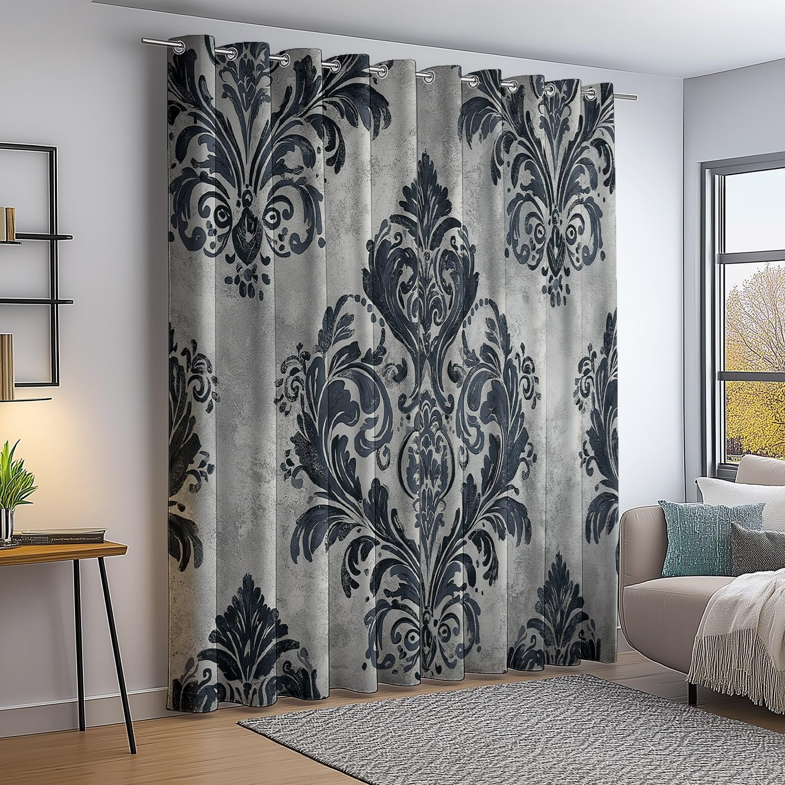 Cortinas Salon Opacas con Estampado Clásico Planta Hojas Cortina con Ojales, 140An x 260Al cm (2 Paneles) Cortinas Termicas Aislantes Frio Y Calor, para Habitacion Sala Comedor, Gris Carbón Blanco