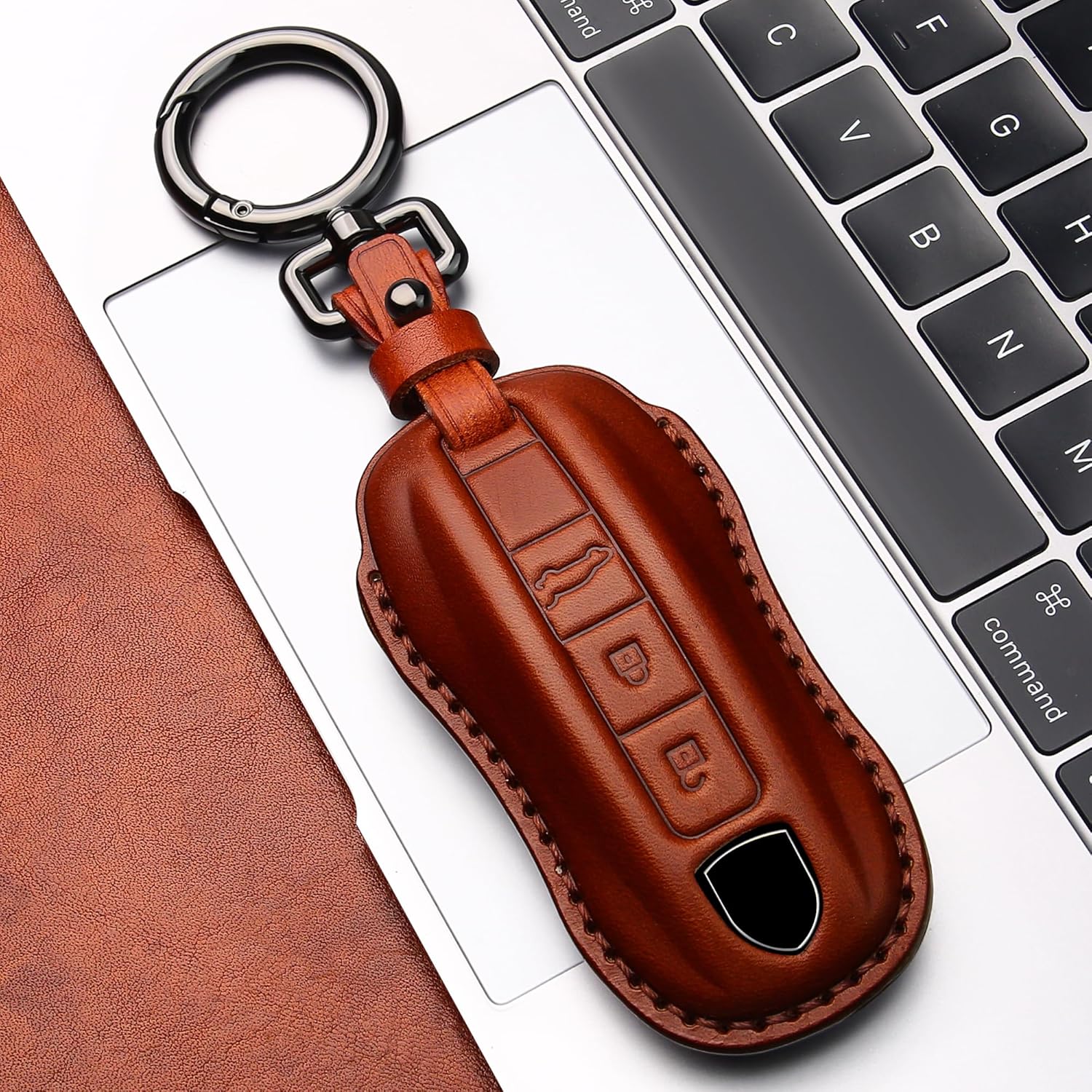 Tukellen for Porsche Leather Key Fob Cover with Keychain Key Shell Compatible with 2020-2024 Panamera, Cayenne, Macan, 918-Brown - Image 5