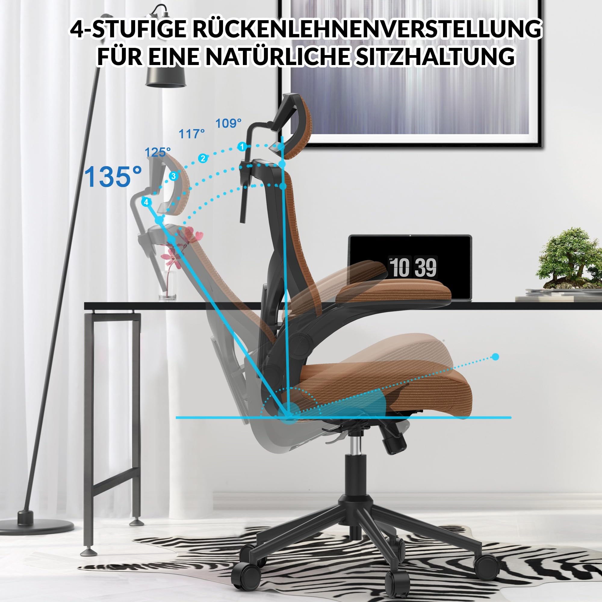 CYKOV Bürostuhl Ergonomisch Homeoffice, Wasserfall-Sitz 8h+ Rückenstütze | 4-fach Wippmechanik 90°-135°, Klappbare Armlehnen, SGS-Zertifiziert 150kg, 15cm+60° Verstellbare Kopfstütze, 5 Jahre Garantie