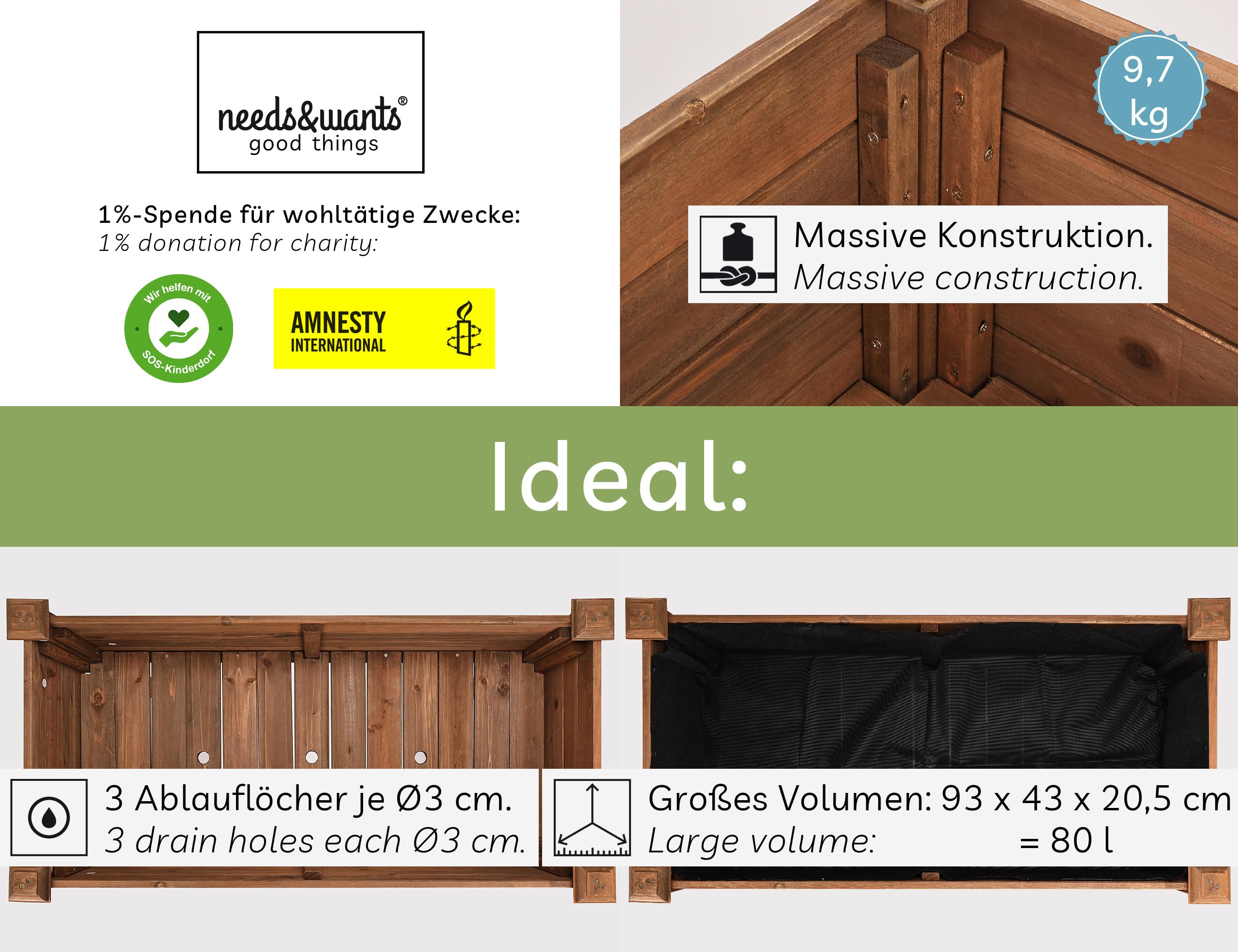 needs&wants® Huerto urbano, jardinera elevada de madera para jardín, balcón o terraza, kit de maceta rectangular estrecha con lámina de vellón, maceta decorativa para hierbas aromáticas, marrón oscuro