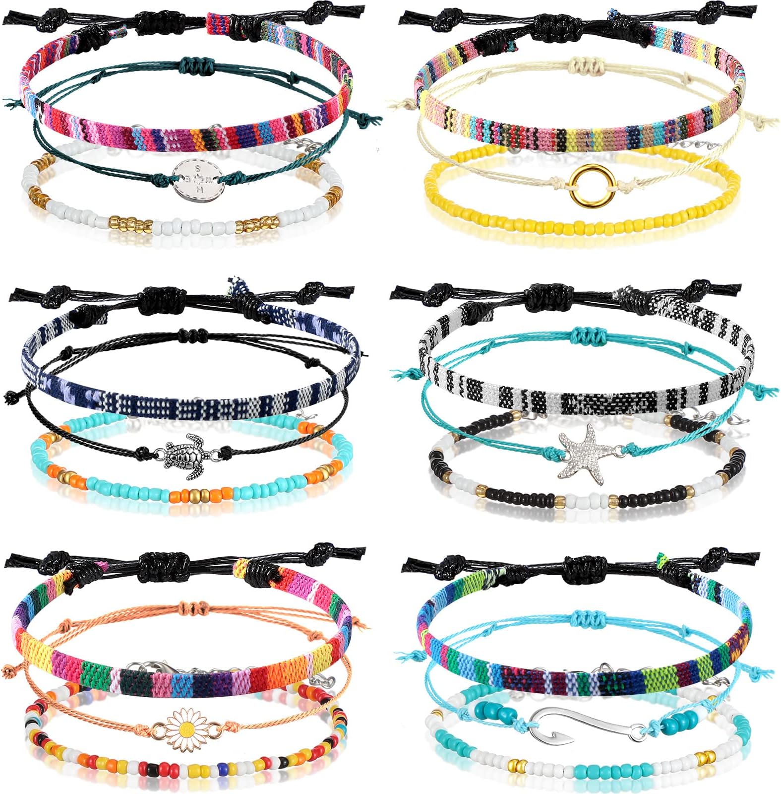 Jadive6 Pcs Boho String Bracelets Adjustable Surfer Anklets Friendship Bracelet Summer String Rope Bangle Braided Bangle Colorful Jewelry for Women Men Birthday Gift