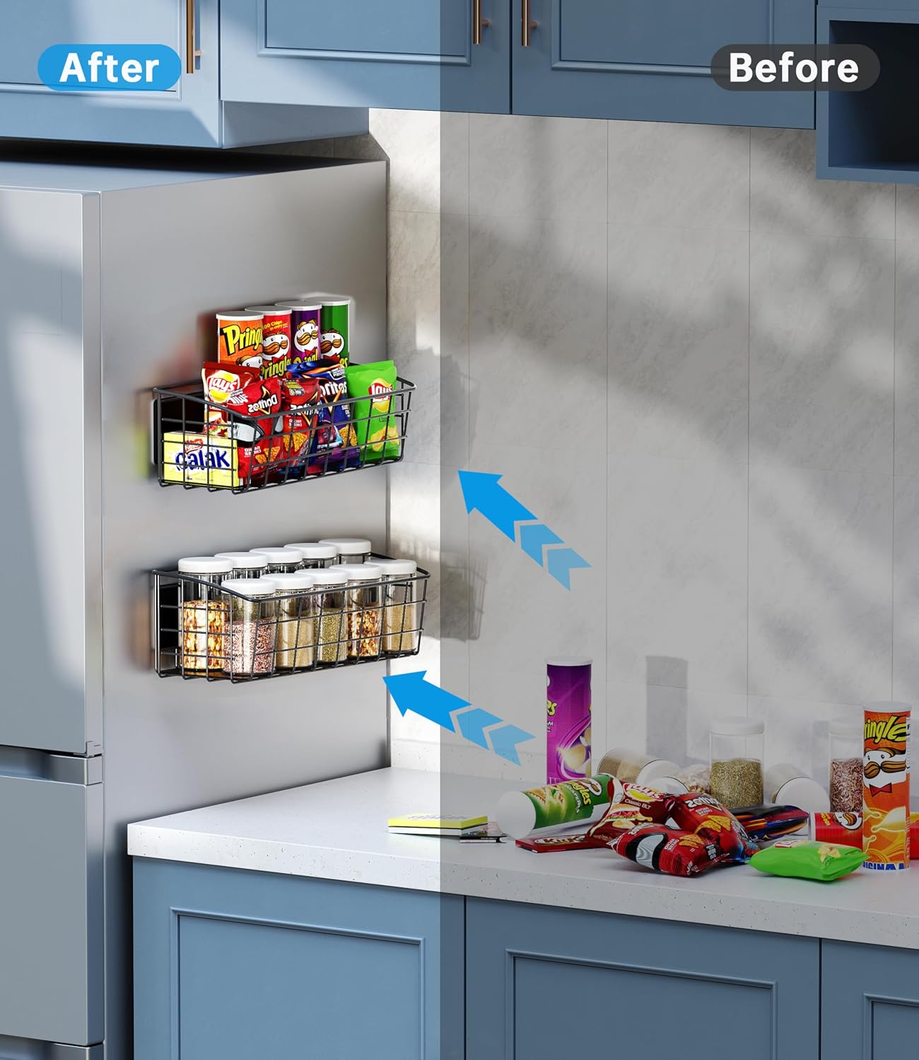 4-Pack Magnetic Spice Rack for Refrigerator, Versatile Magnetic Shelf Organizer with 4 Hooks for Kitchen Storage, Large Capacity Spice Rack for Fridge, Oven, or Cabinet - Black