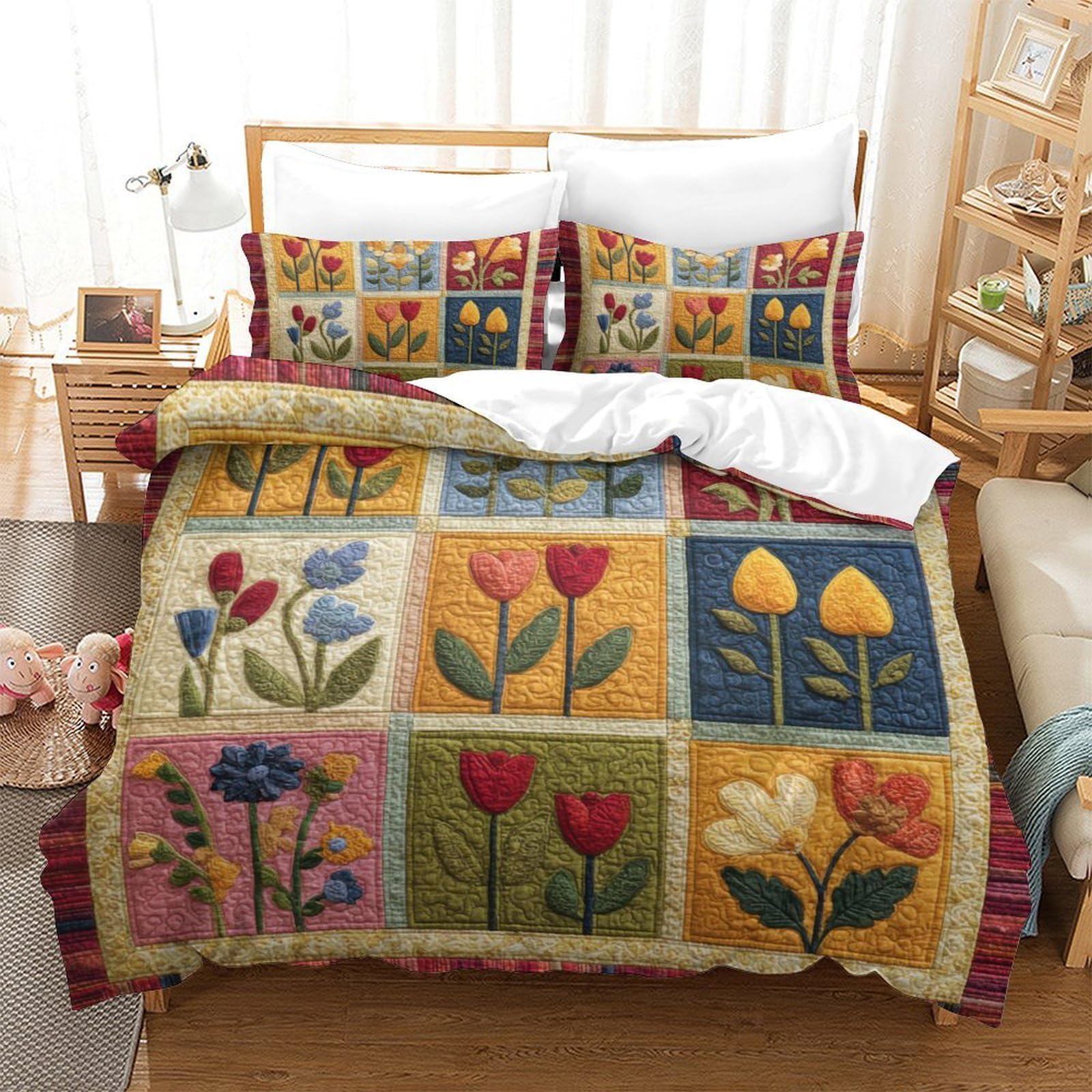 Housse de couette fleurs patchwork 135x200 avec taie d'oreiller lit simple pour fille