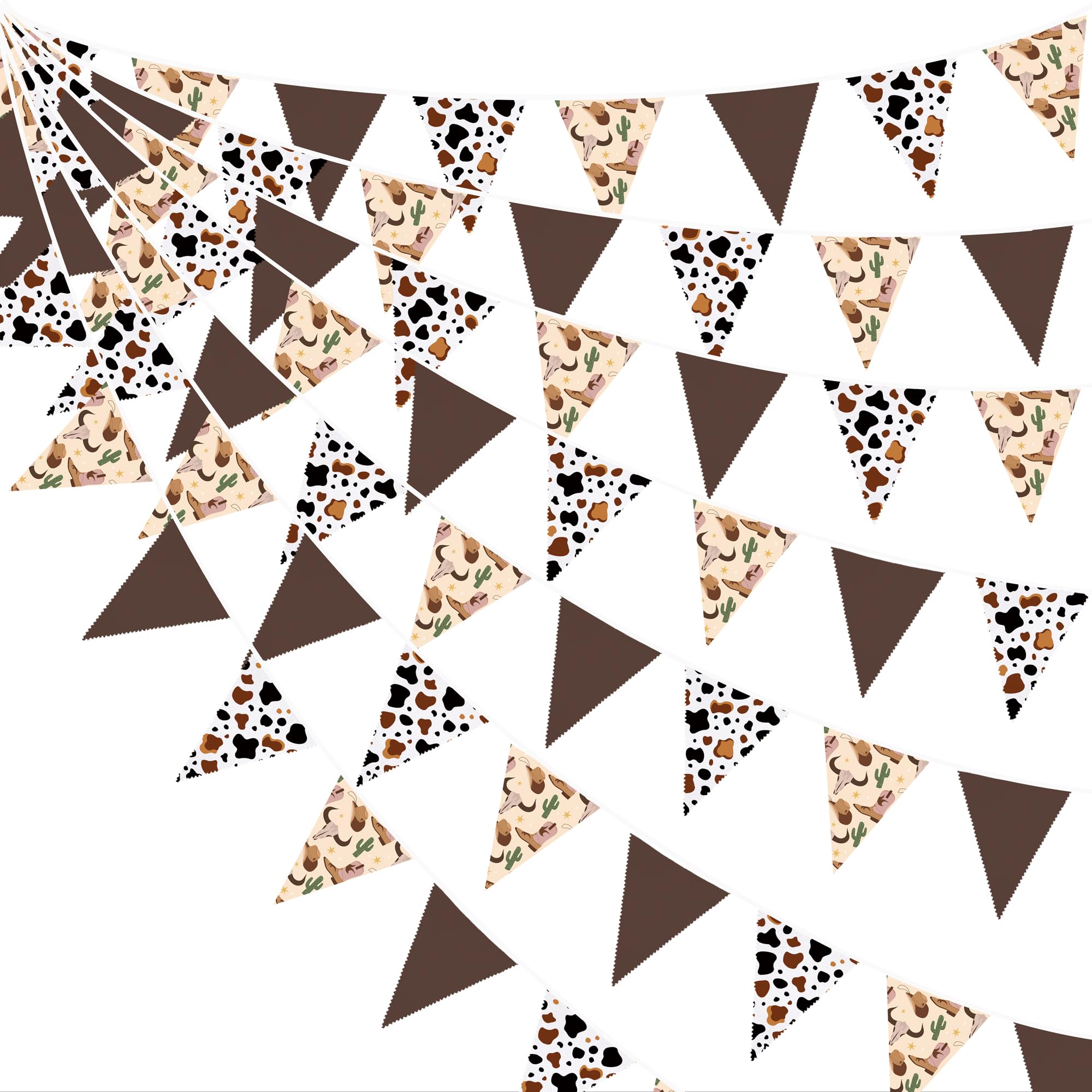 32Ft Western Cowboy Party Decorations Brown Cow Triangle Flag Fabric Banner Pennant Garland Streamers for Western Cowgirls Rodeo Birthday Derby Day Yee Haw Farm Cow Wild West Party Decor Supplies