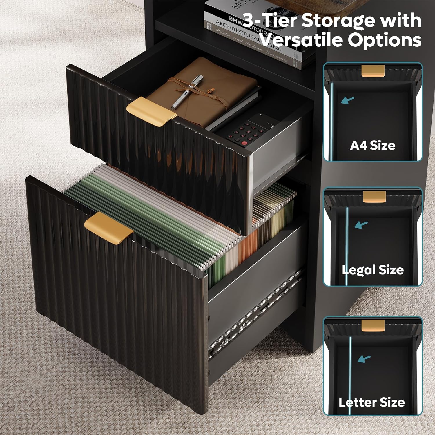 Desk drawers showing A4, Legal, and Letter size file compatibility