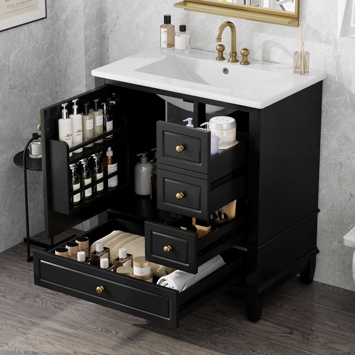 30" Bathroom Vanities with Ceramic Sink, Storage Cabinet with 3 Drawers and Door Shelf, Soft-Closing Door, Solid Wood Legs, Black