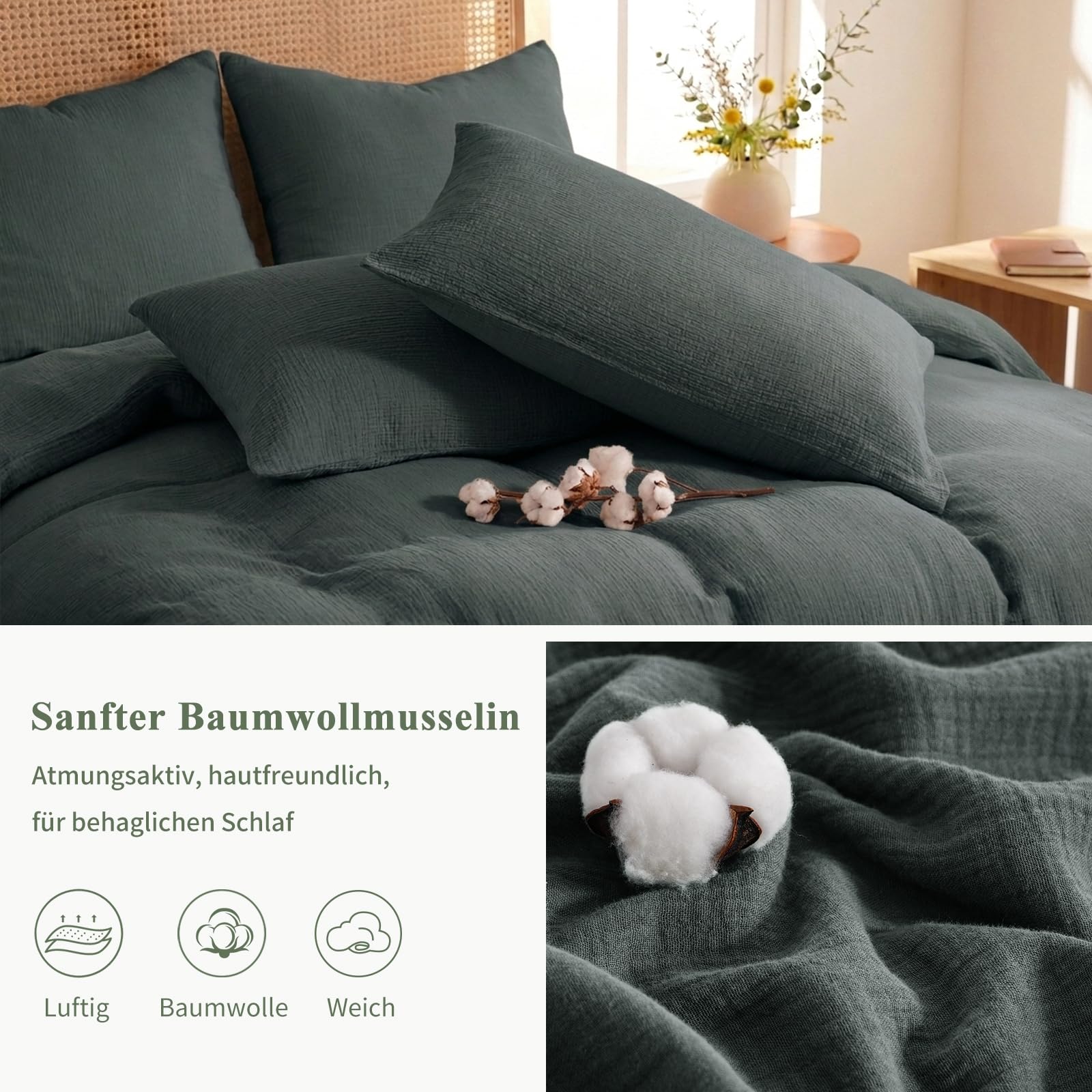 Aisbo Musselin Bettwäsche 135x200 2teilig Grau, 100% Baumwolle Oeko-TEX® | 1 Bettbezug 135x200 cm & 1 Kissenbezug 80x80 cm mit Reißverschluss, Weich, Atmungsaktiv, Leichte Sommerbettwäsche