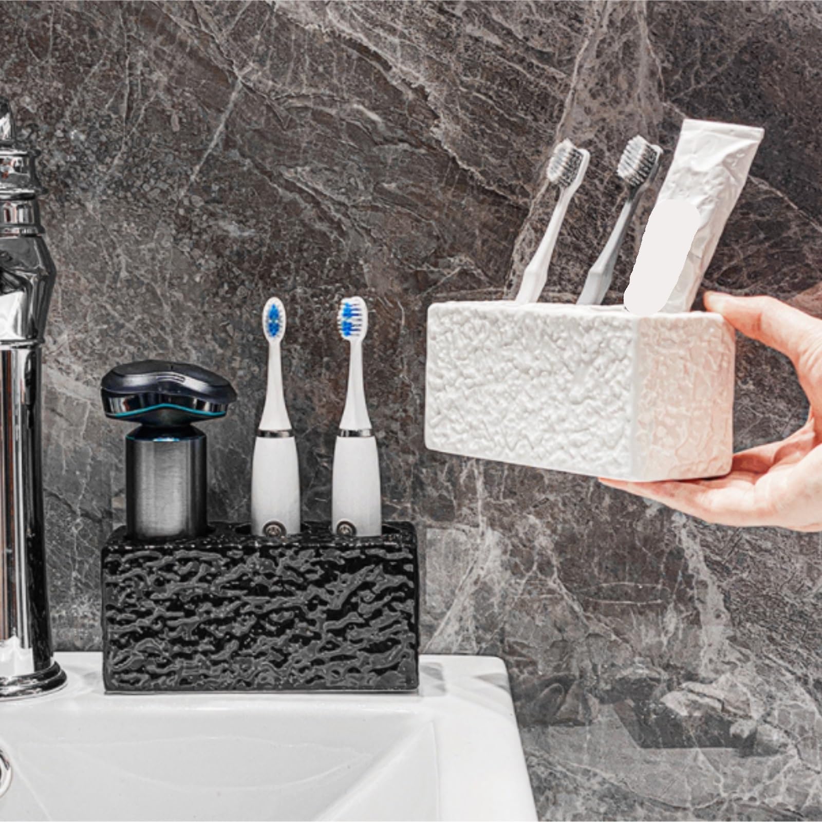 Porta Spazzolino Decorazione, Portaspazzolino In Ceramica For Organizer Da Bagno Multifunzione Moderno(White)