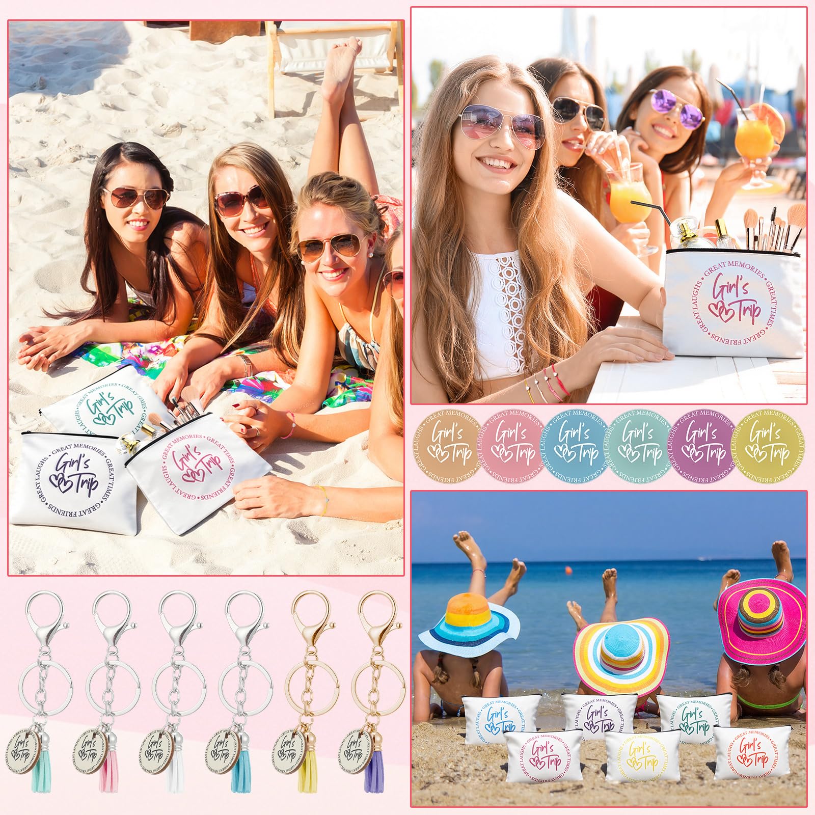 Liliaafar 24 Pcs Girls Trip Gift Favors 6 Makeup Bags 6 Keychains 6 Travel Mirrors 6 Getaway Bracelets Girls Weekend Cosmetic Pouch for Sisters Friends Bestie Bachelorette Party Supplies