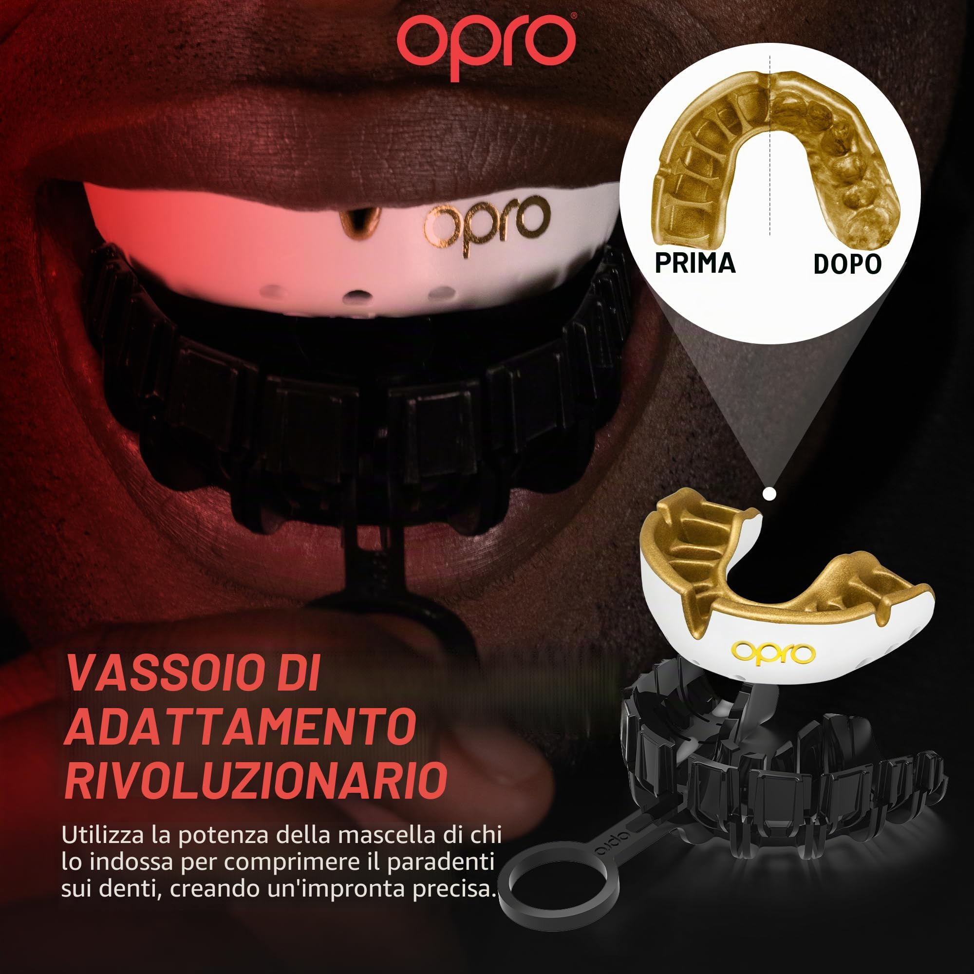 OPRO Paradenti Livello Oro - Aderenza Ottimale - Paradenti per Boxe, MMA, Rugby, Hockey - Protezione Dentale per Adulti e Bambini - Facile da Modellare - Con Garanzia Dentale