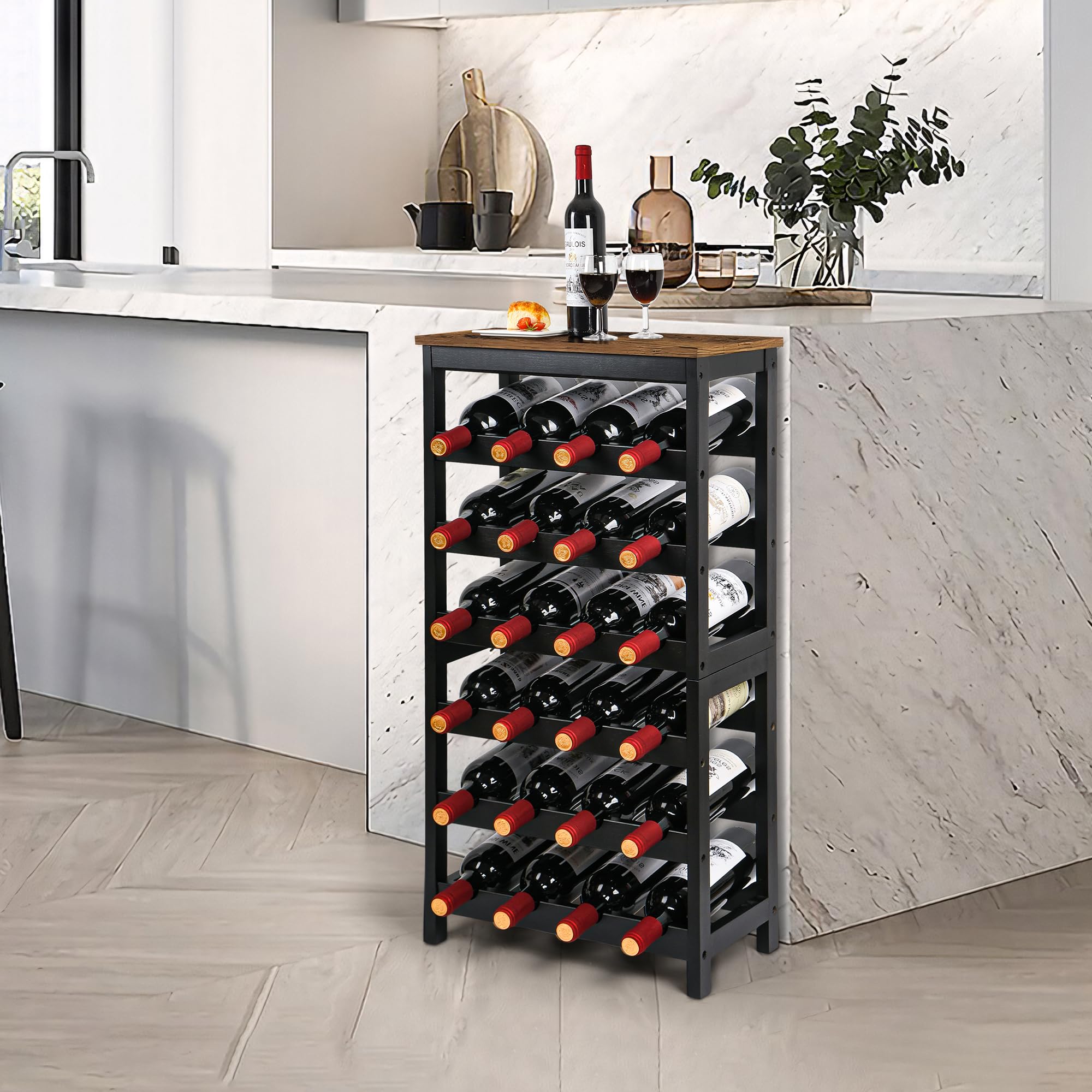 VASMIA Cantinetta Portavino in Legno Bambù con 24 Scomparti per Vino Champagne, Portabottiglie da Terra, Cantina per Angolo Bar, Salotto, Cucina,Marrone Vintage