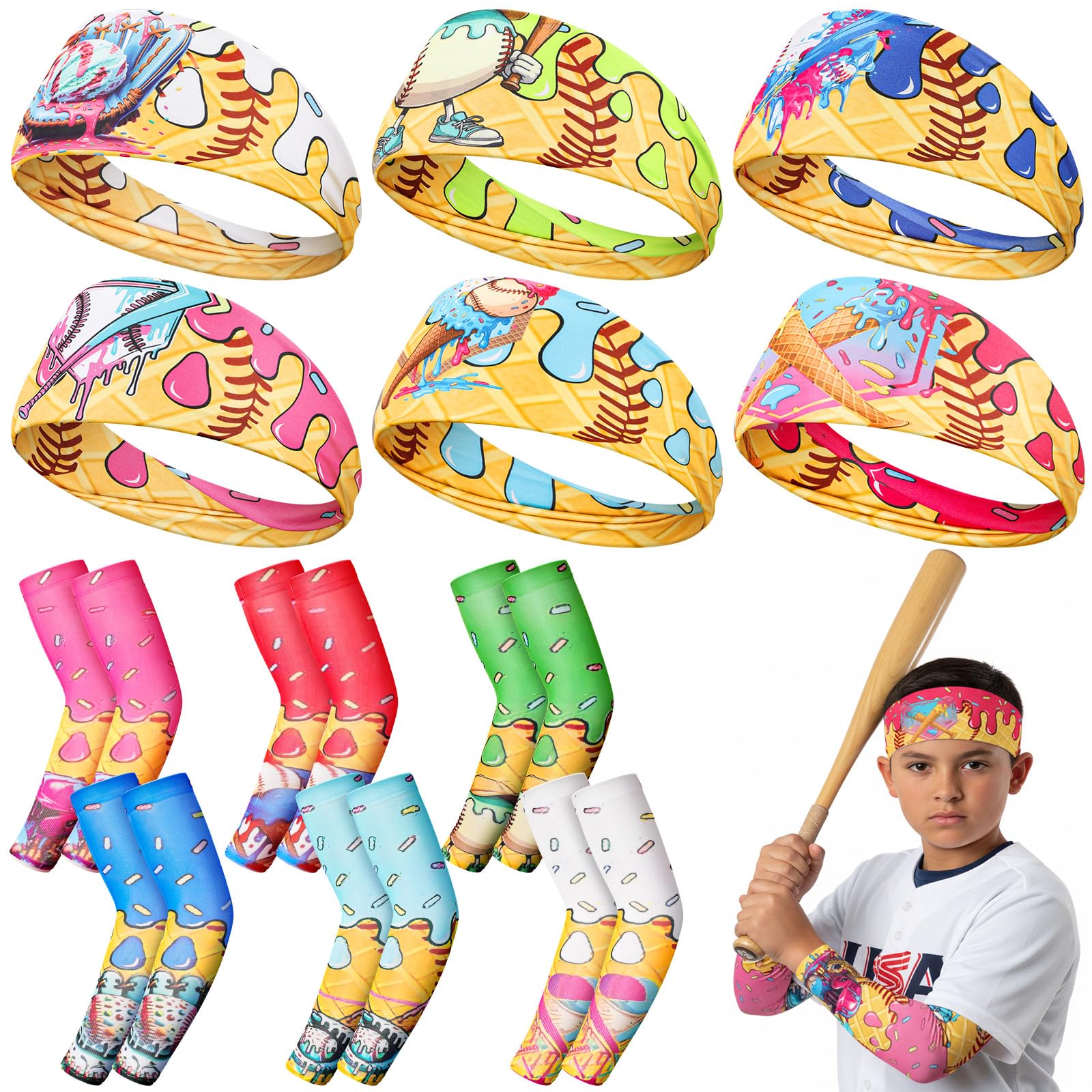 Ramede Baseball Ice Cream Drip Party Favors Sports UV Sun Sleeves Baseball Headbands Stuff Team Gift for Sport Lover