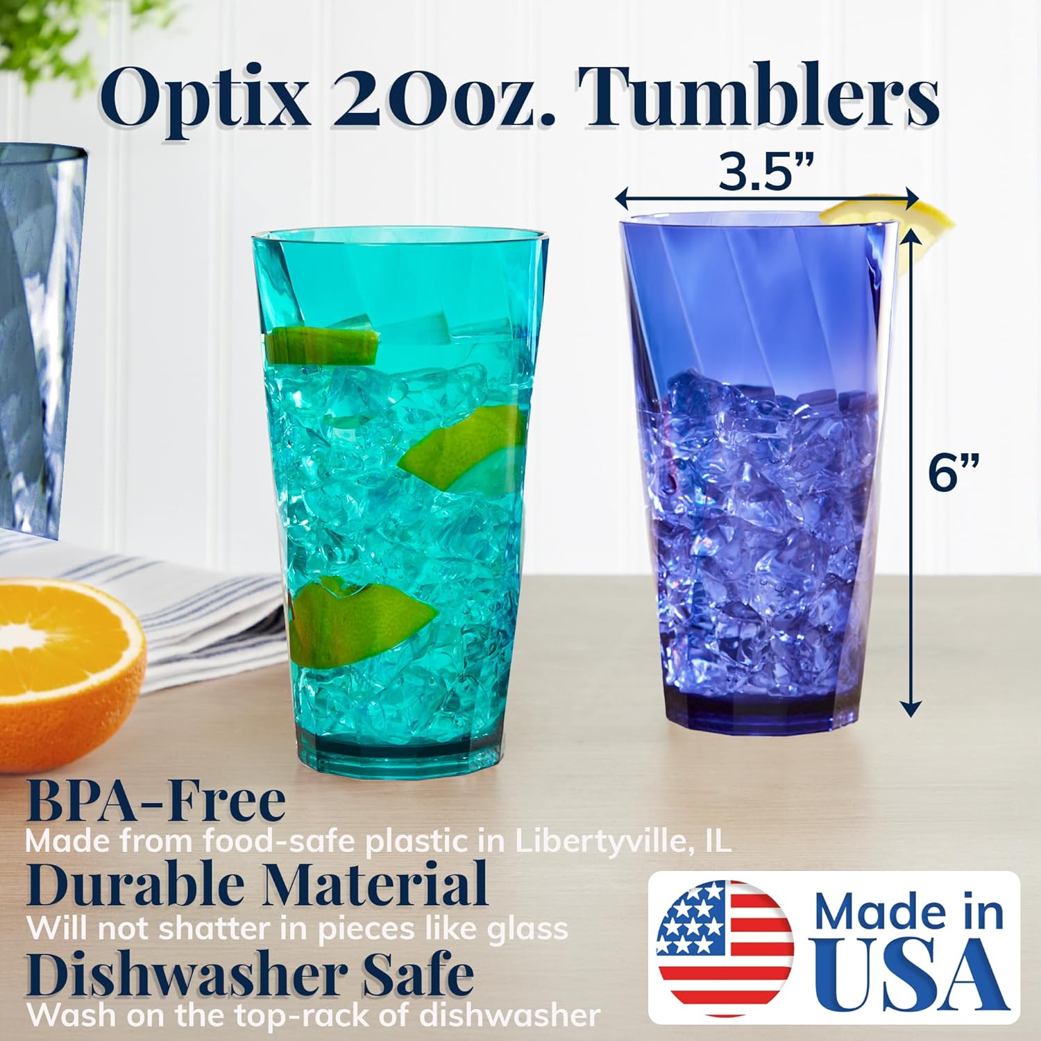 US Acrylic Optix Plastic Reusable Drinking Glasses (Set of 8) 20oz Water Cups in Coastal Colors | BPA-Free Tumblers, Made in USA | Top-Rack Dishwasher Safe - Image 2