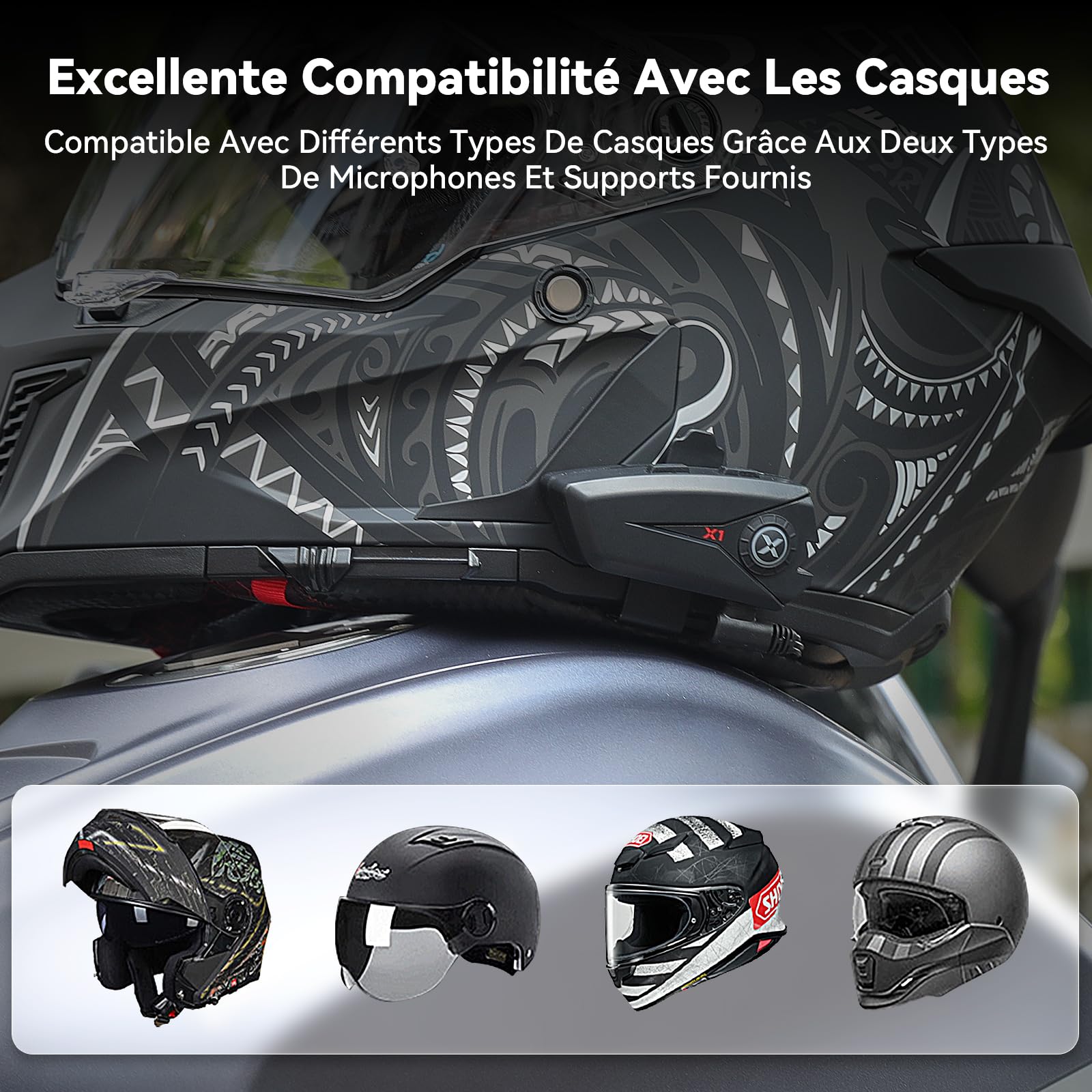 X1 Écouteurs Casque Moto avec Musique, 60 Heures D'autonomie, IP67 | Kit Main Libre Moto avec Assistant Vocal, Haut-parleurs de 40 mm, IP67 Étanche, Bluetooth casque pour Motocyclette/ ATV/ Vélo