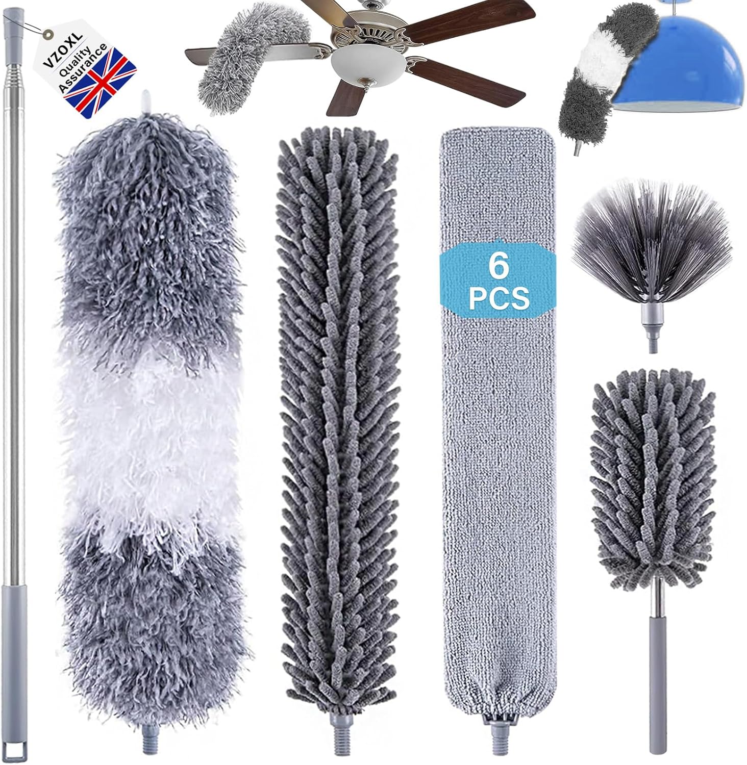 VZOXL Feather Duster 6Pcs Kit with 30100 Inch Telescopic Extension