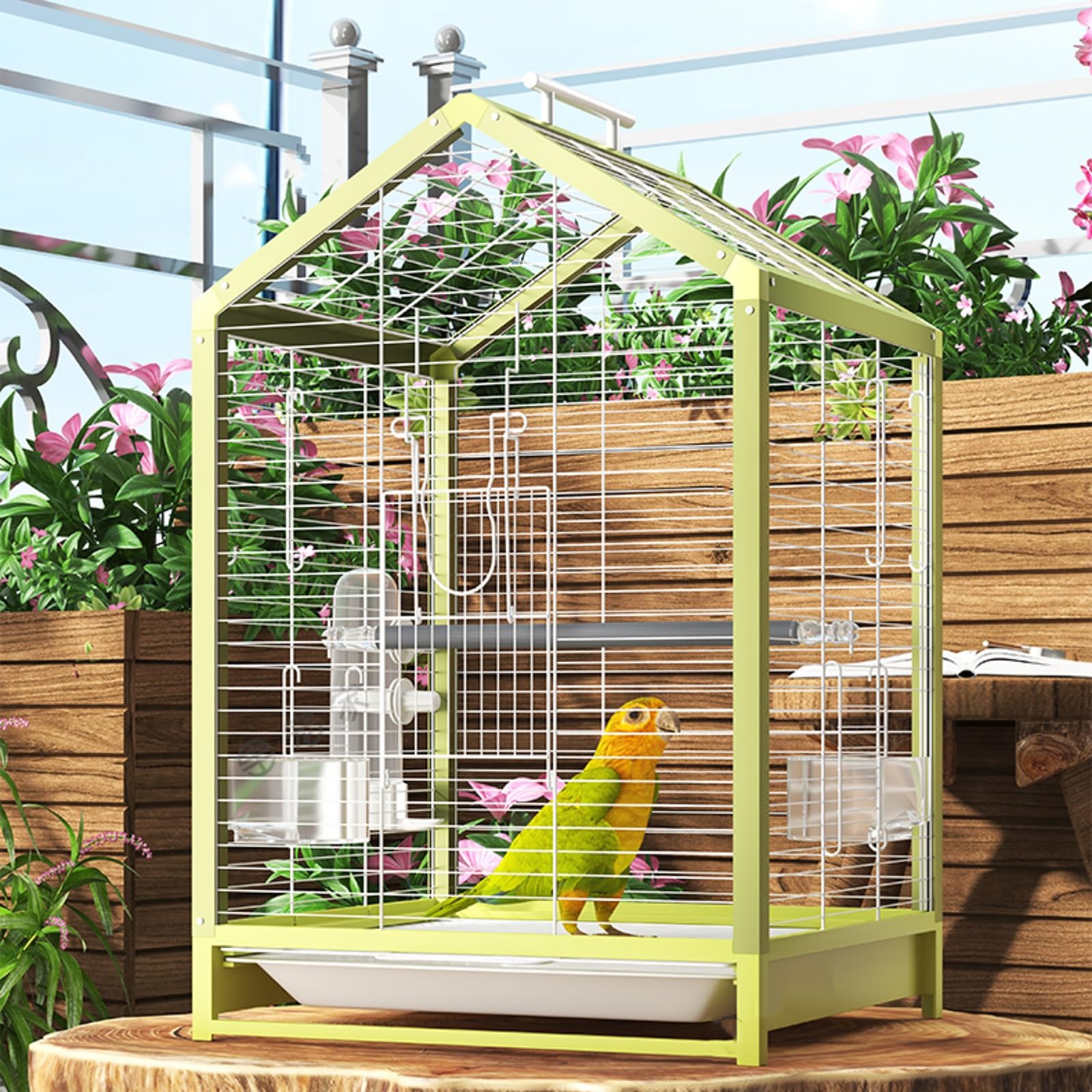 Jaulas para Pájaros, Jaula Loro Grande de 56 cm de Alto, Color Verde Metalizado, Jaula Trampa para Pajaros para Loros, Agapornis, Periquitos y Pinzones