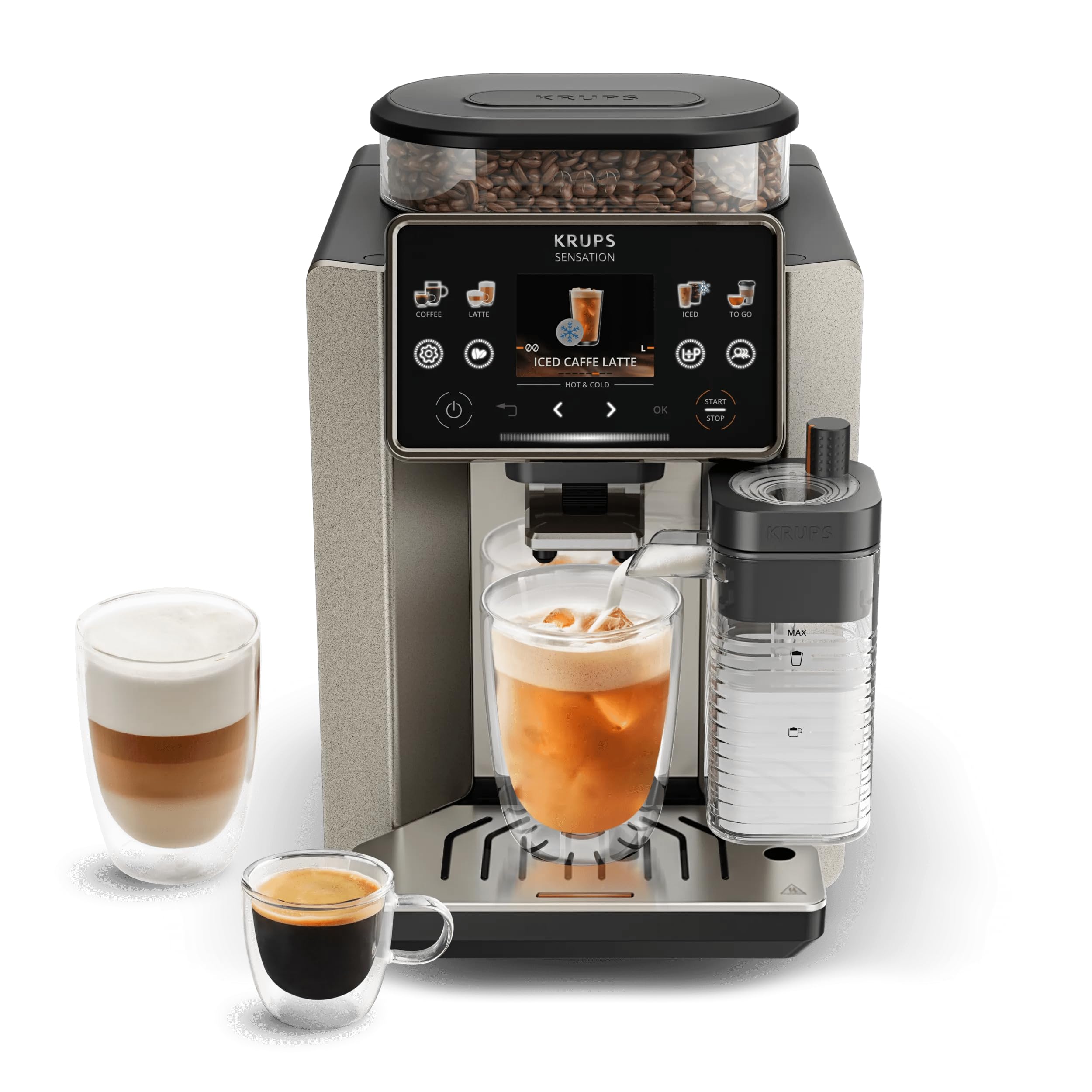 Krups Sensation Elite automatyczny ekspres do kawy, 24 gorące i zimne napoje, ekran 2,8", technologia Milk Maestro, technologia Cold Brew Arome, możliwość spersonalizowania ulubionych, Silver Premium