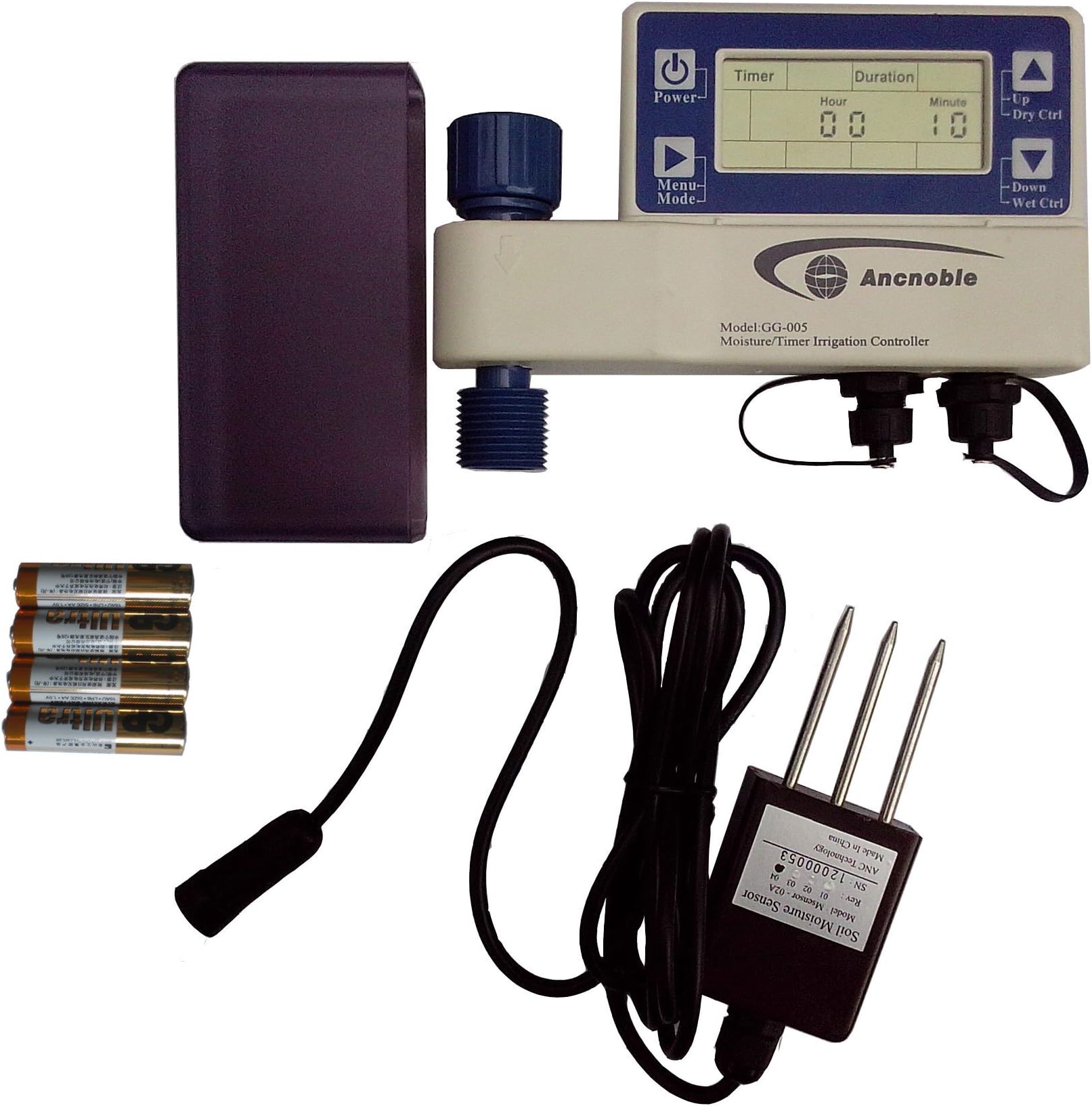 Ancnoble GG-005B Irrigation Controller with Moisture Sensor Powered by Alkaline Batteries, 9.5 by 3 by 7-Inch, White and Blue