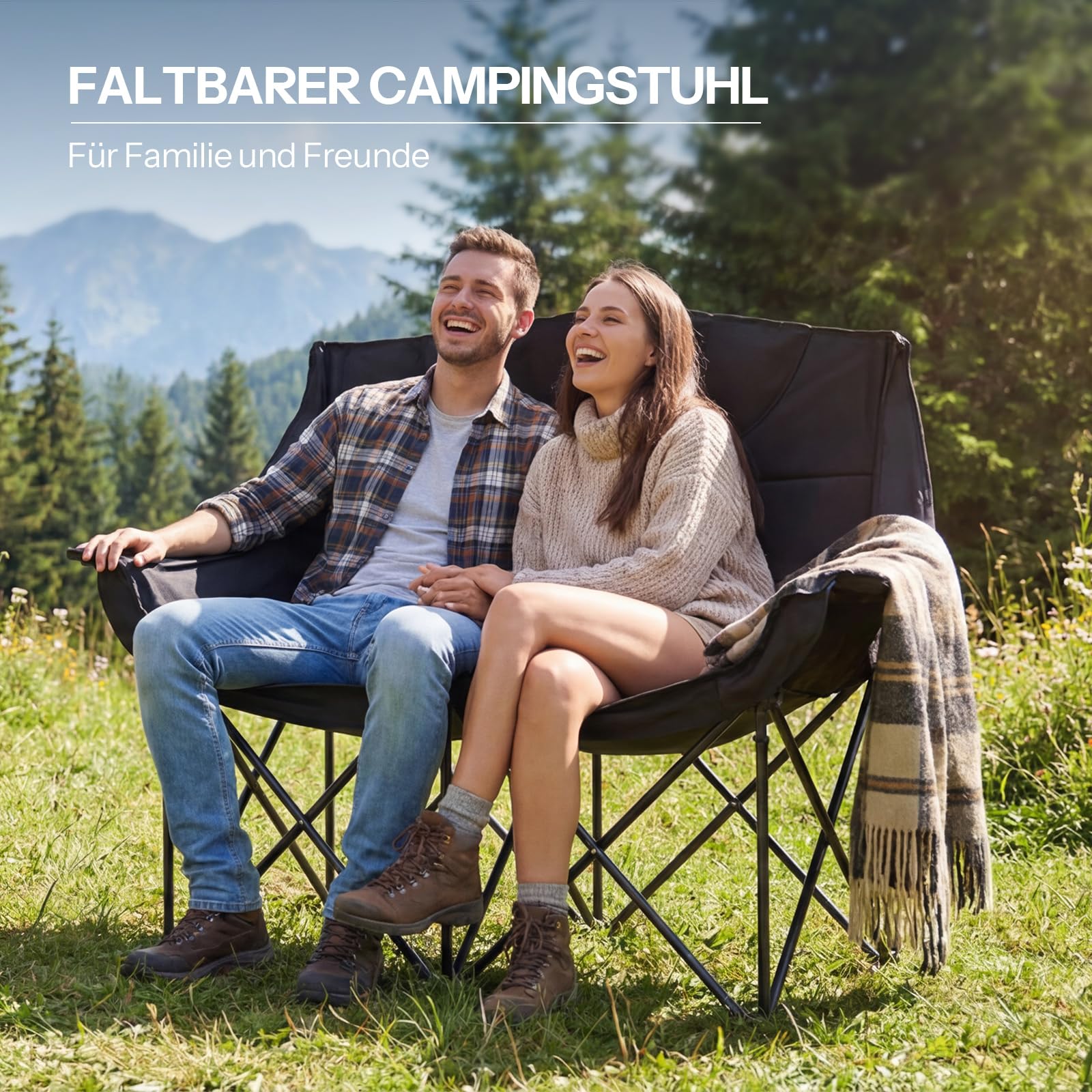 LARMNEE Campingstuhl Faltbar für 2 Personen, Campingsofa, 2 Getränkehalter, 200 KG Belastbar, Campingcouch Dick Gepolstert Klappstuhl, inklusive Tragetasche, Schwarz EBK03LC02