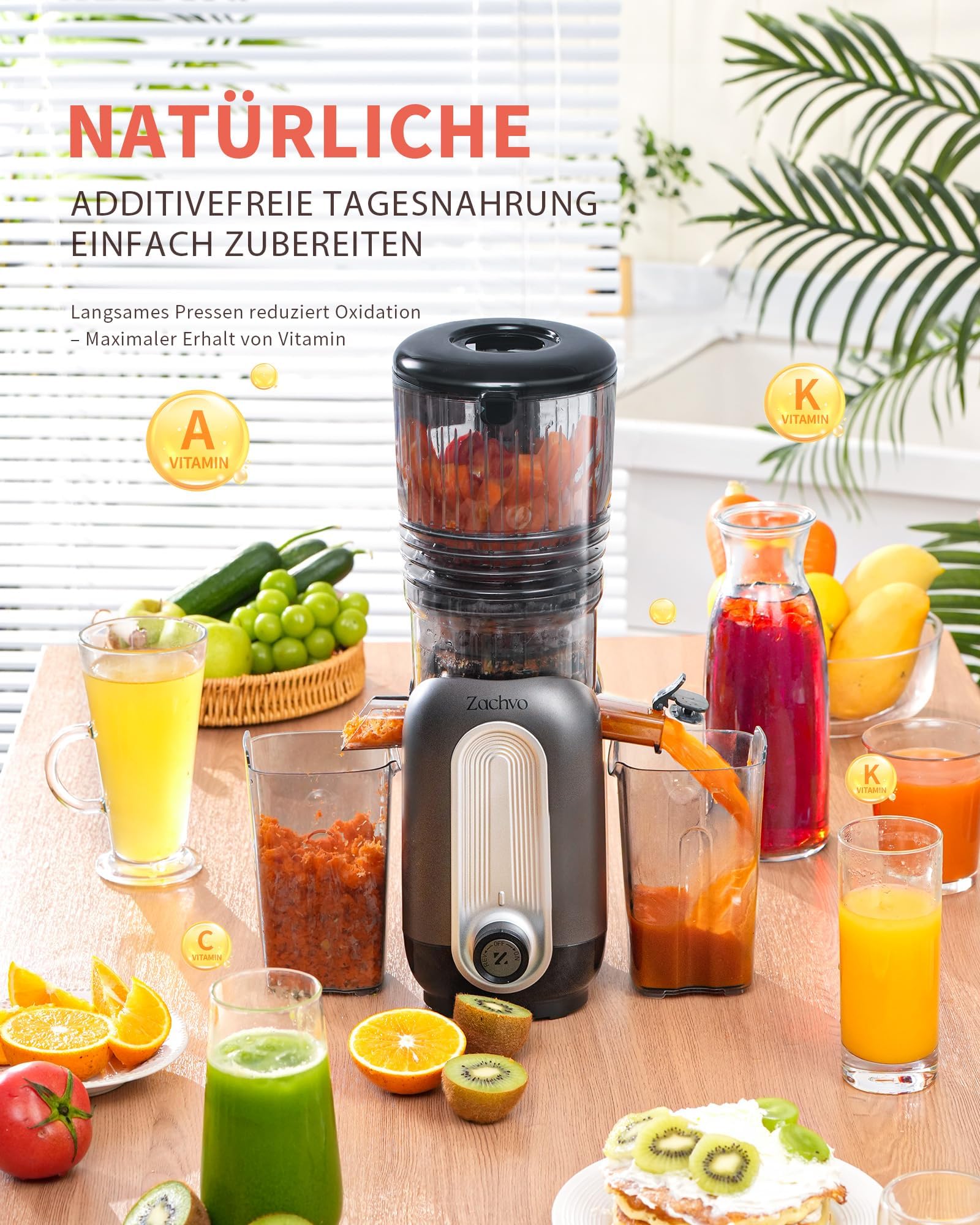 Exprimidor de verduras y frutas ganador de la prueba – Exprimidor lento con 130 mm extra ancho, tecnología de prensado en frío (300 W), alto rendimiento de zumo, silencioso y fácil de limpiar