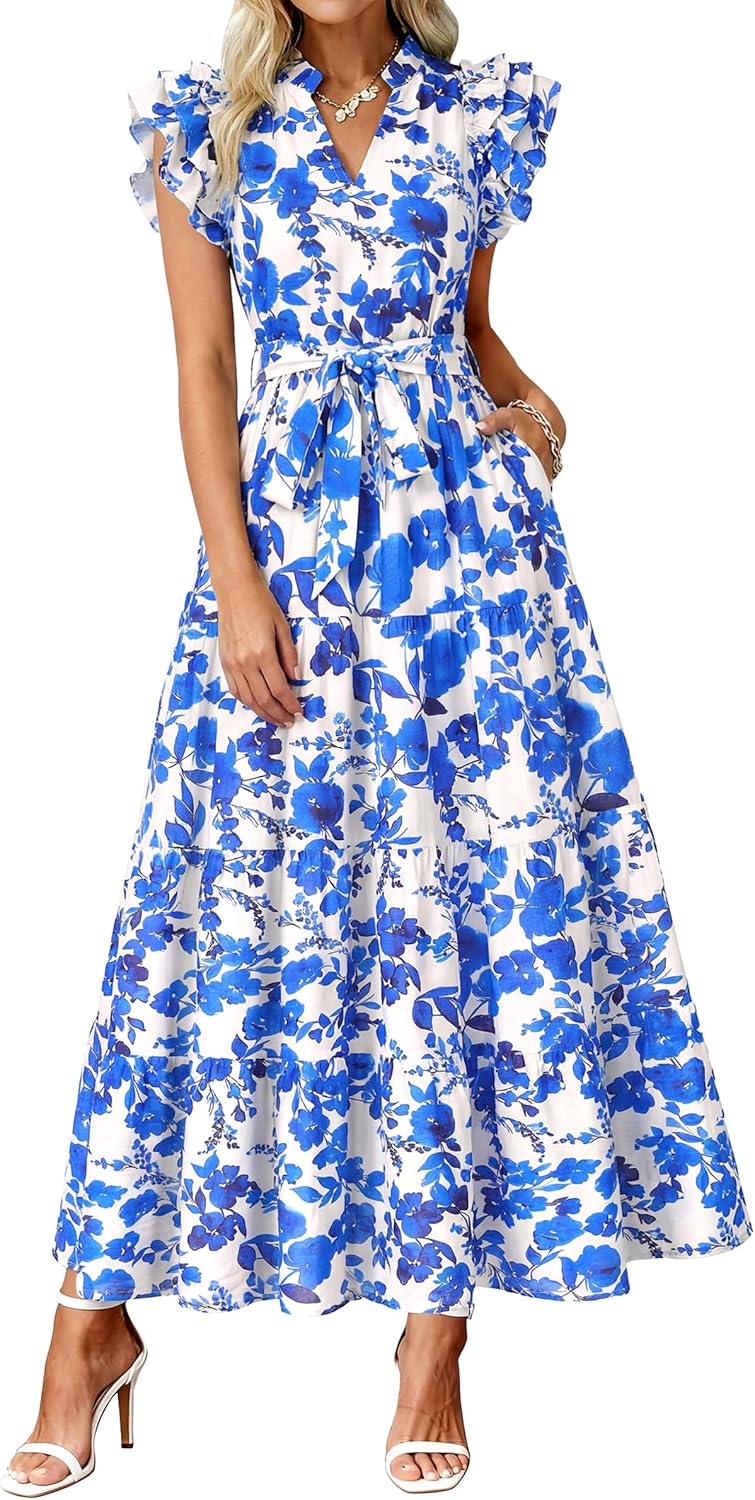 dowerme Women Summer Maxi Dresses 2026 Ruffle Sleeve V Neck Floral Boho Long Dress Belted Tiered Sundress with Pockets