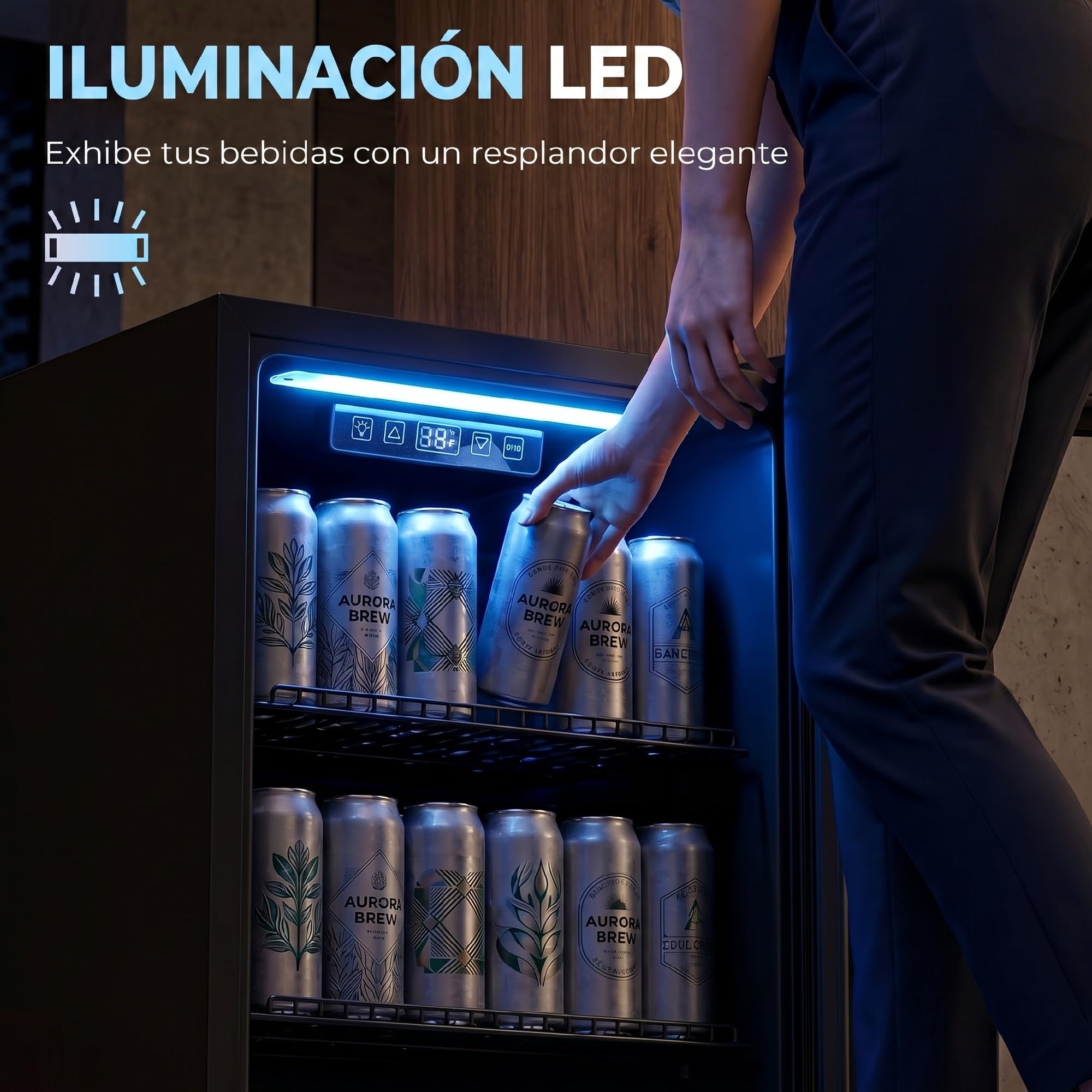HOMCOM Frigorífico de Bebidas 70 L, Mini Nevera con Puerta de Vidrio Doble, Iluminación LED, 2 Estantes Ajustables, 2-18℃, para 70 Latas, Nevera Pequeña para Refrescos, Cerveza y Vino