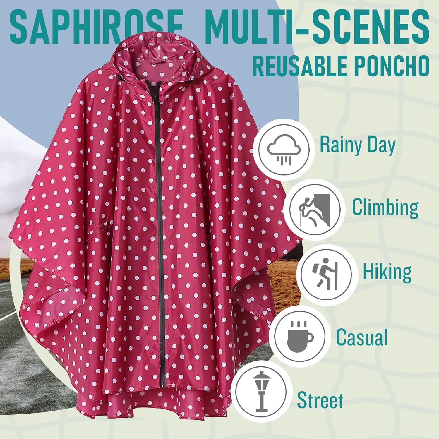 SaphiRose Unisex Rain Poncho Hooded Waterproof Raincoat for Adults Women Men