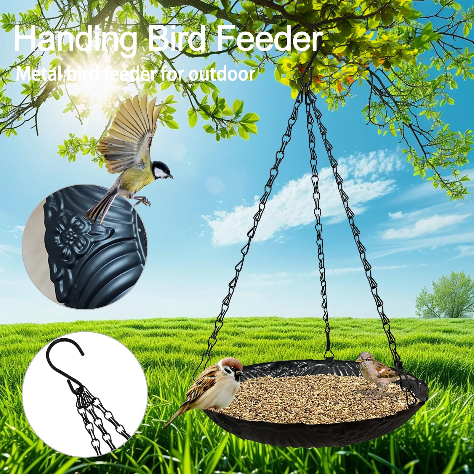 Comedero para pájaros de plataforma, comedero grande de 11 pulgadas para exteriores, bandeja colgante de metal, comederos para pájaros, 1 paquete