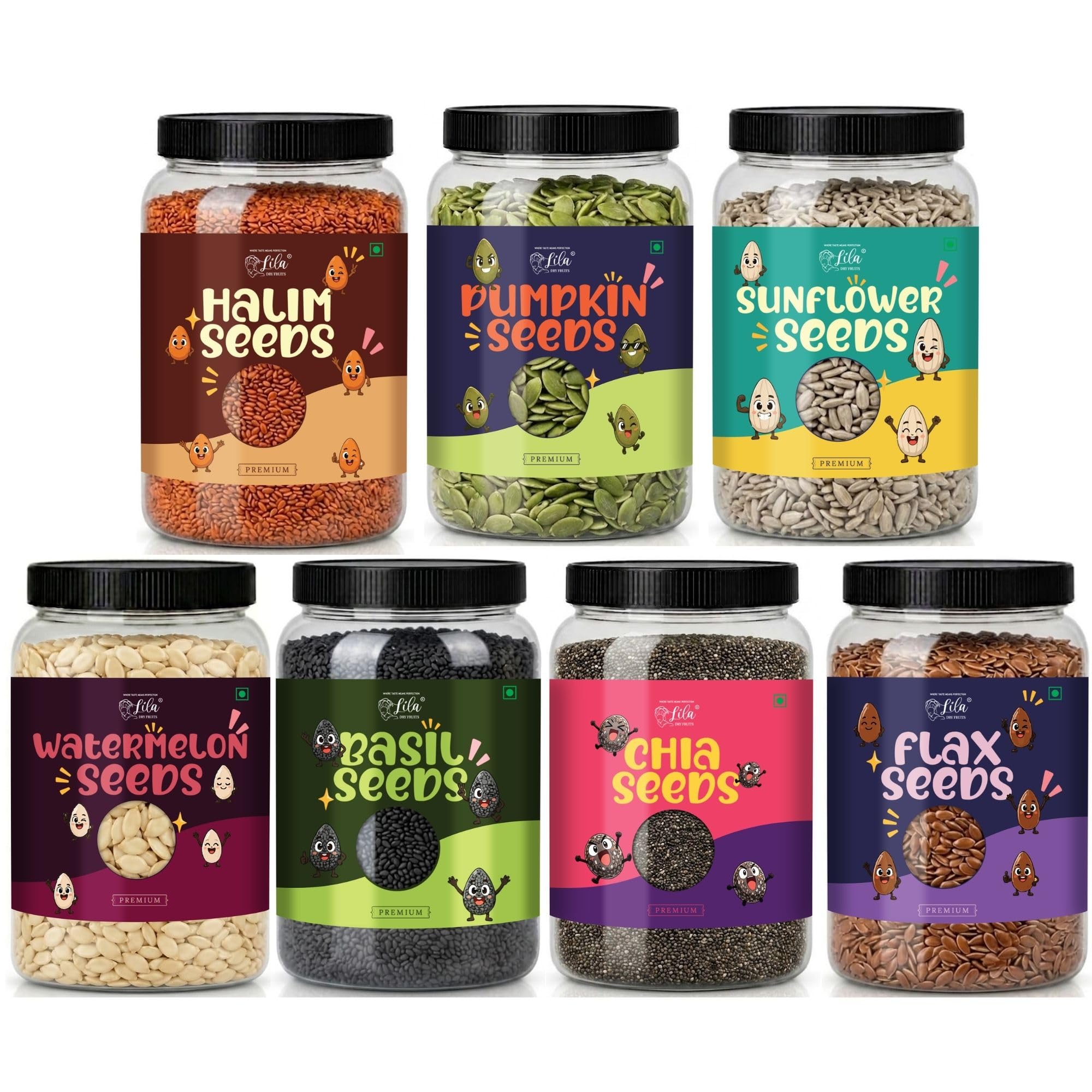 LILA DRY FRUITS Super Seeds Combo Pack Chia Pumpkin Sunflower Flax Watermelon Basil Halim Seed 100 g x 7 for Daily Nutrition and Healthy Snacking Perfect for Gifting-image-23