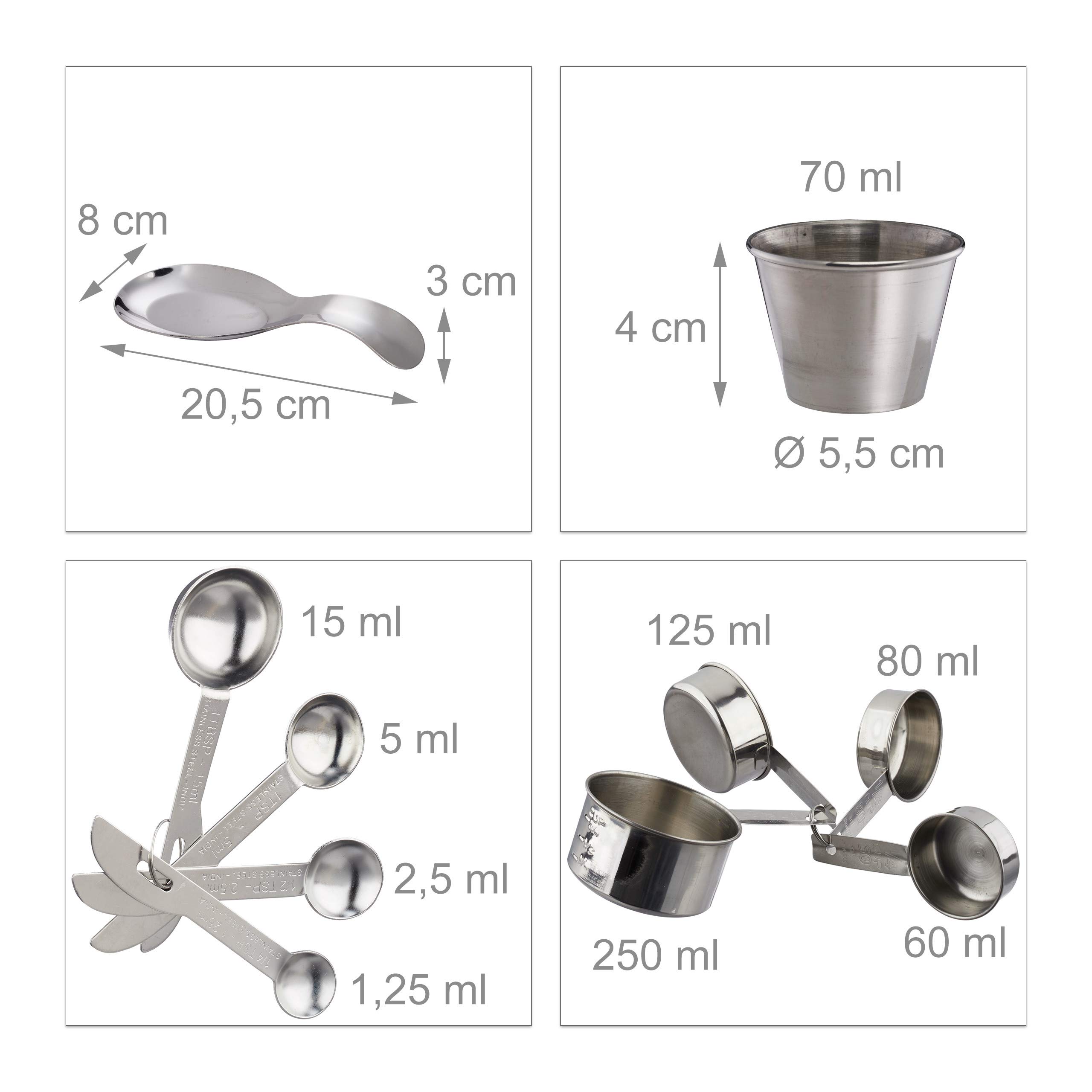 Relaxdays Küchen Set 12-tlg. – 3 Edelstahl-Schüsseln, Messbecher, Messlöffel & Schneebesen, Silber.