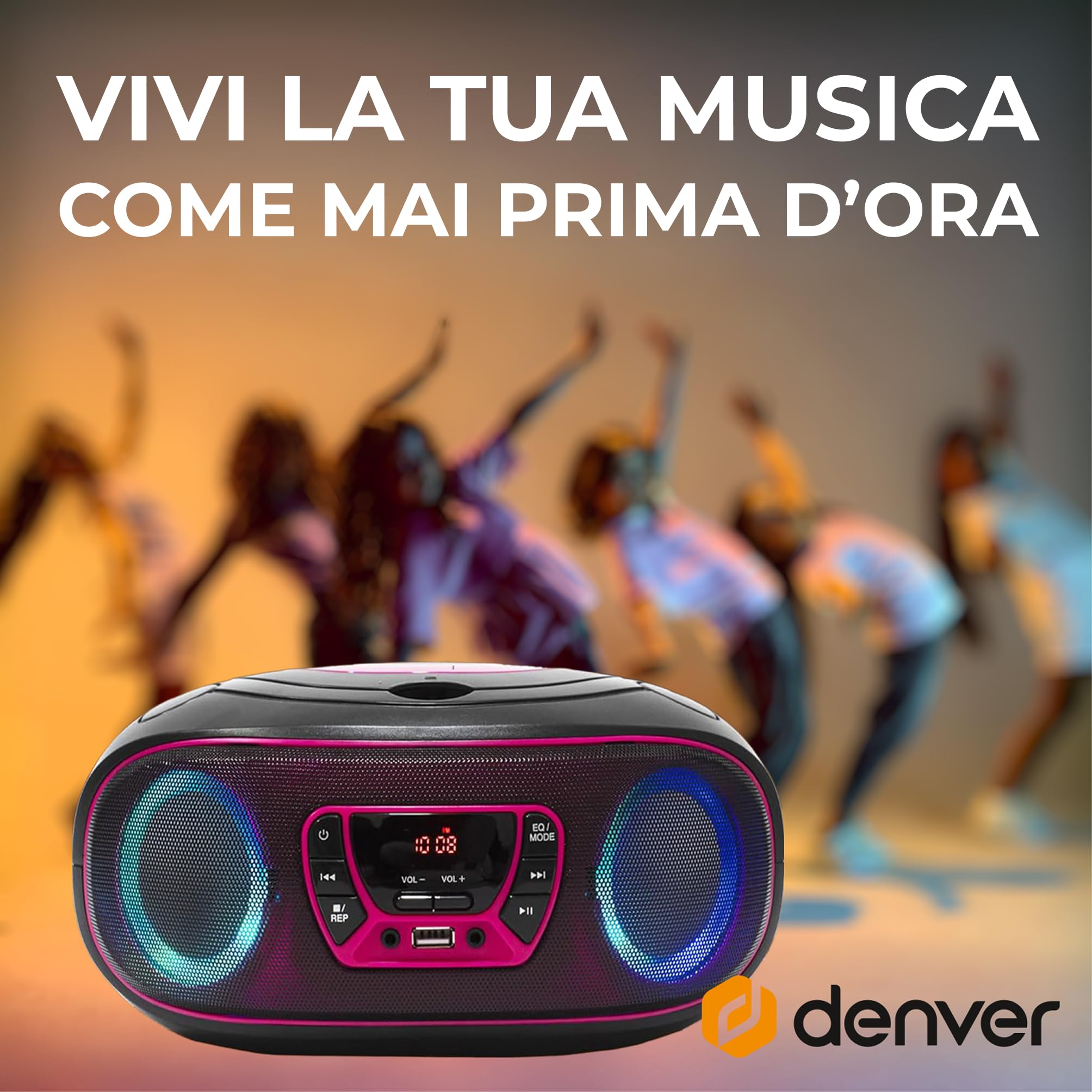 Lettore CD Portatile con Bluetooth Denver TCL-212BT Rosa. Boombox. FM Radio. Volume 2x2W. Ingresso USB, AUX e per Cuffie. Effetto luci.