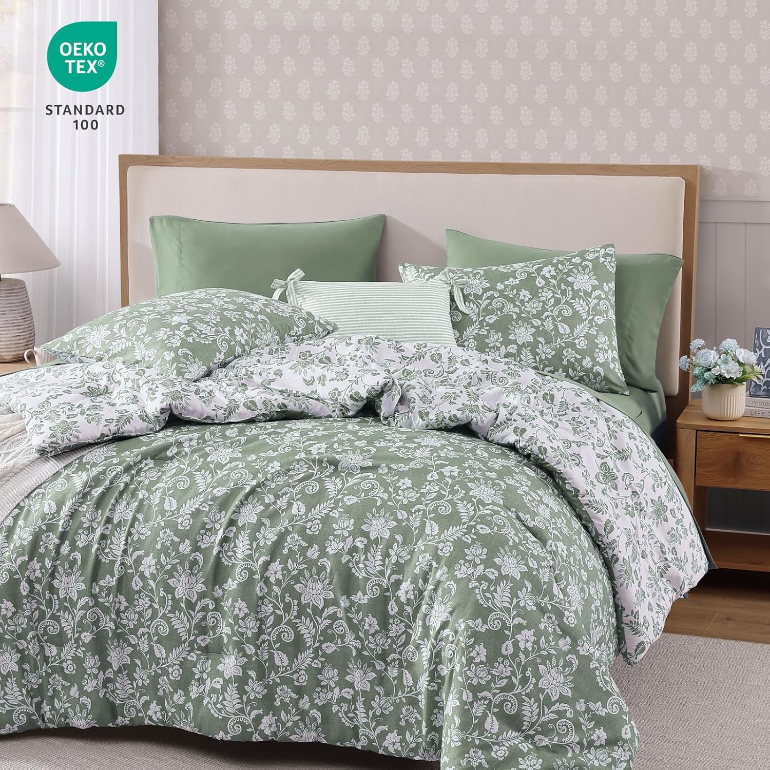 BLOOMHAVEN Queen Comforter Set -7 Pieces Floral Grey Green Comforter Set for All Seasons, Bed in a Bag Queen with Botanical Flowers Comforter, Sheets, Pillowcases & Shams
