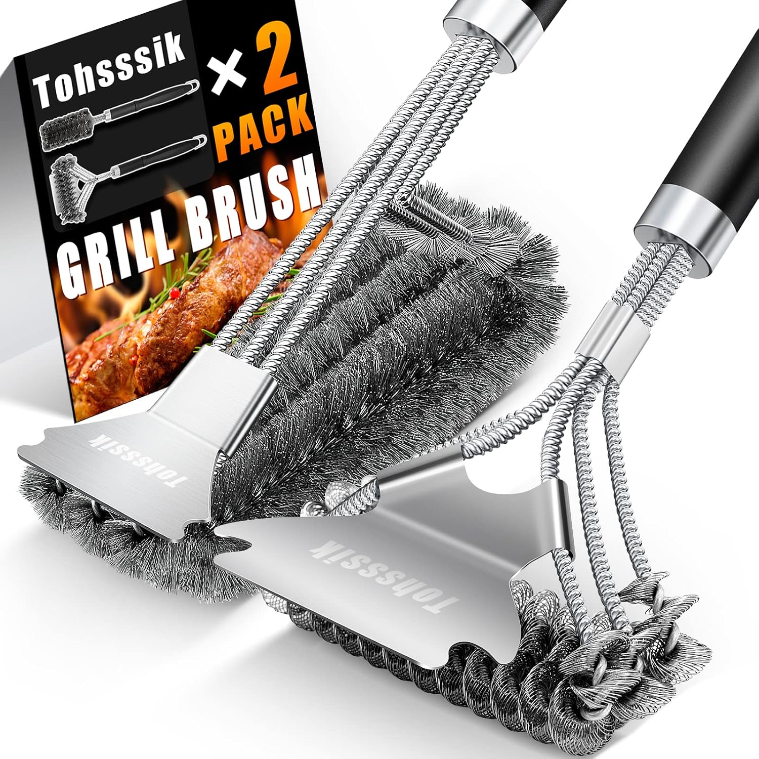 Tohsssik 2pcs Grill Brush for Outdoor Grill, Stainless Grill Cleaner Brush and Scraper, 17" BBQ Brush for Grill Cleaning & Grill Brush Bristle Free, BBQ Grill Accessories Gift for Men