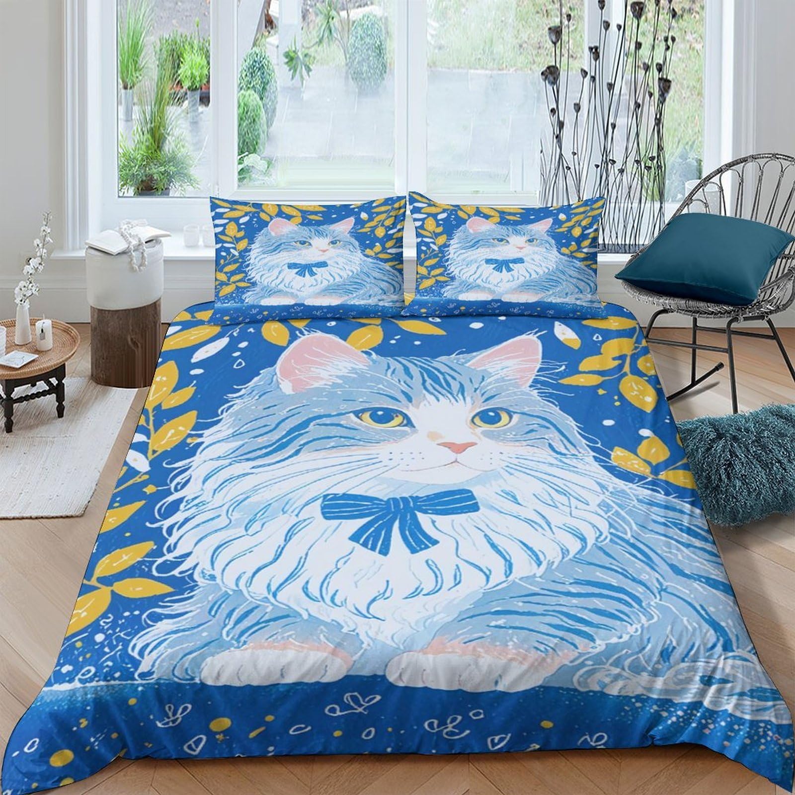 Ctjqhvkz Style-9 3D Printed Blue Cat Fitted Sheet Microfiber Soft Decorative Leafy Bed Cover For Bedroom Dorm Easy Care Single（135X200cm）