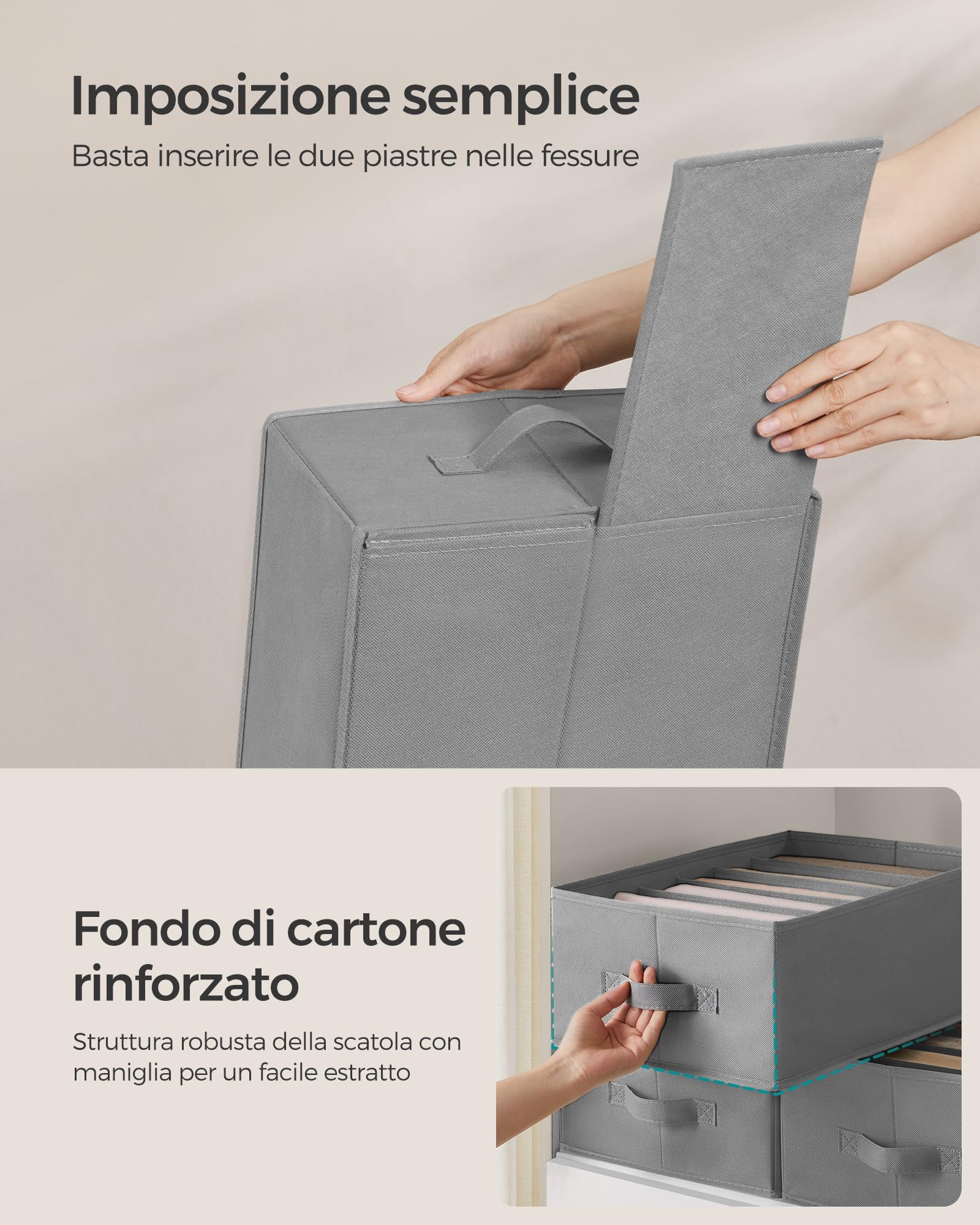 SONGMICS Set di 6 Organizer Cassetti a 6 Scomparti, Scatole per Biancheria Pieghevoli, Organizzatori Contenitori per Armadio Guardaroba, 42 x 30 x 17 cm, Pantaloni Vestiti, Grigio Tortora RUS009G03