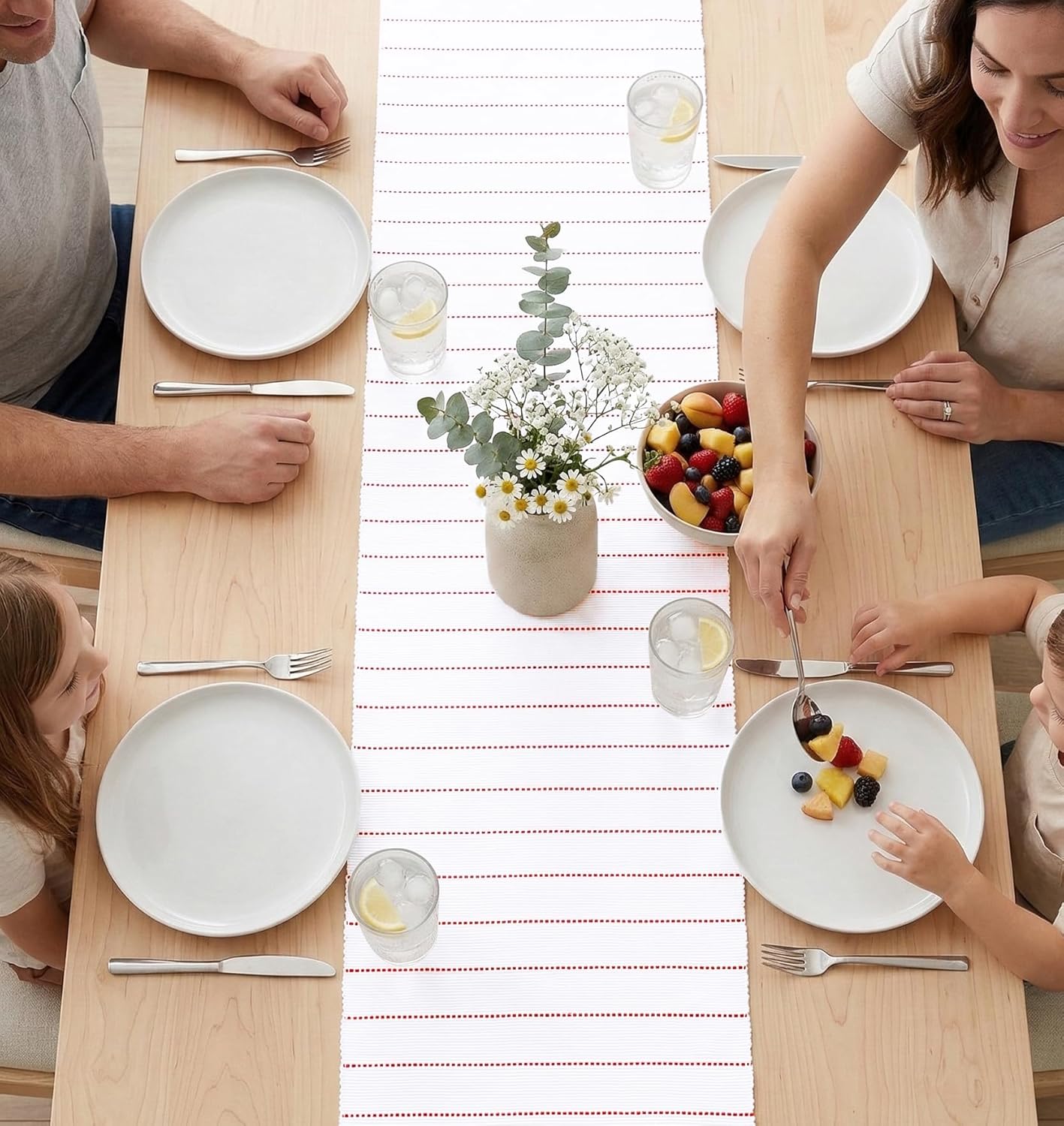 PurpleEssences Dobby Stripe Ribbed Woven Table Runner with Multi-Tassels Farmhouse Dining Room Decor - Spring Easter Summer - 14 x 90 Inch - Red and White