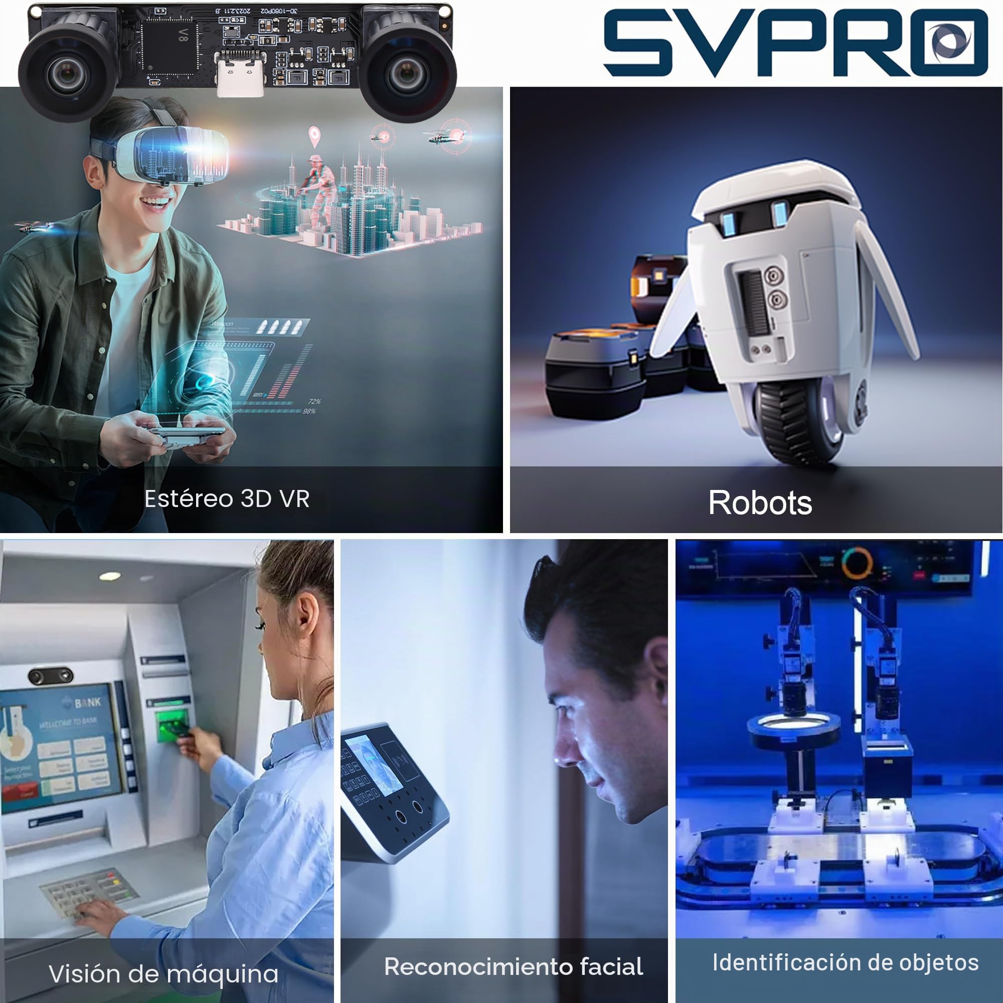 Svpro Módulo de cámara USB Dual Lens 1080P 60fps UVC Industrial Tarjeta de Sincronización Grabación a Color con Doble Lente M12, Cámara Gran Angular sin distorsión para 3D, VR,