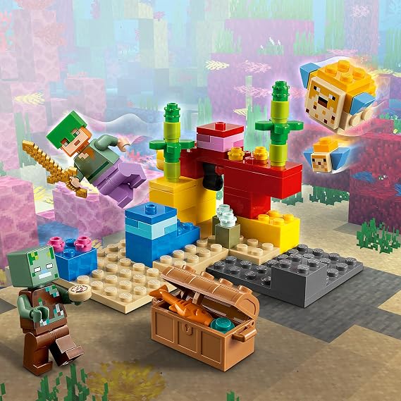 LEGO Minecraft Mercan Kayalığı 21164-7 Yaş ve Üzeri Macera Oyunları Seven Çocuklar İçin Alex, bir Boğuk ve 2 Güzel Kirpi Balığı İçeren Yaratıcı Oyuncak Yapım Seti (92 Parça)