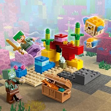 LEGO Minecraft Mercan Kayalığı 21164-7 Yaş ve Üzeri Macera Oyunları Seven Çocuklar İçin Alex, bir Boğuk ve 2 Güzel Kirpi Balığı İçeren Yaratıcı Oyuncak Yapım Seti (92 Parça)