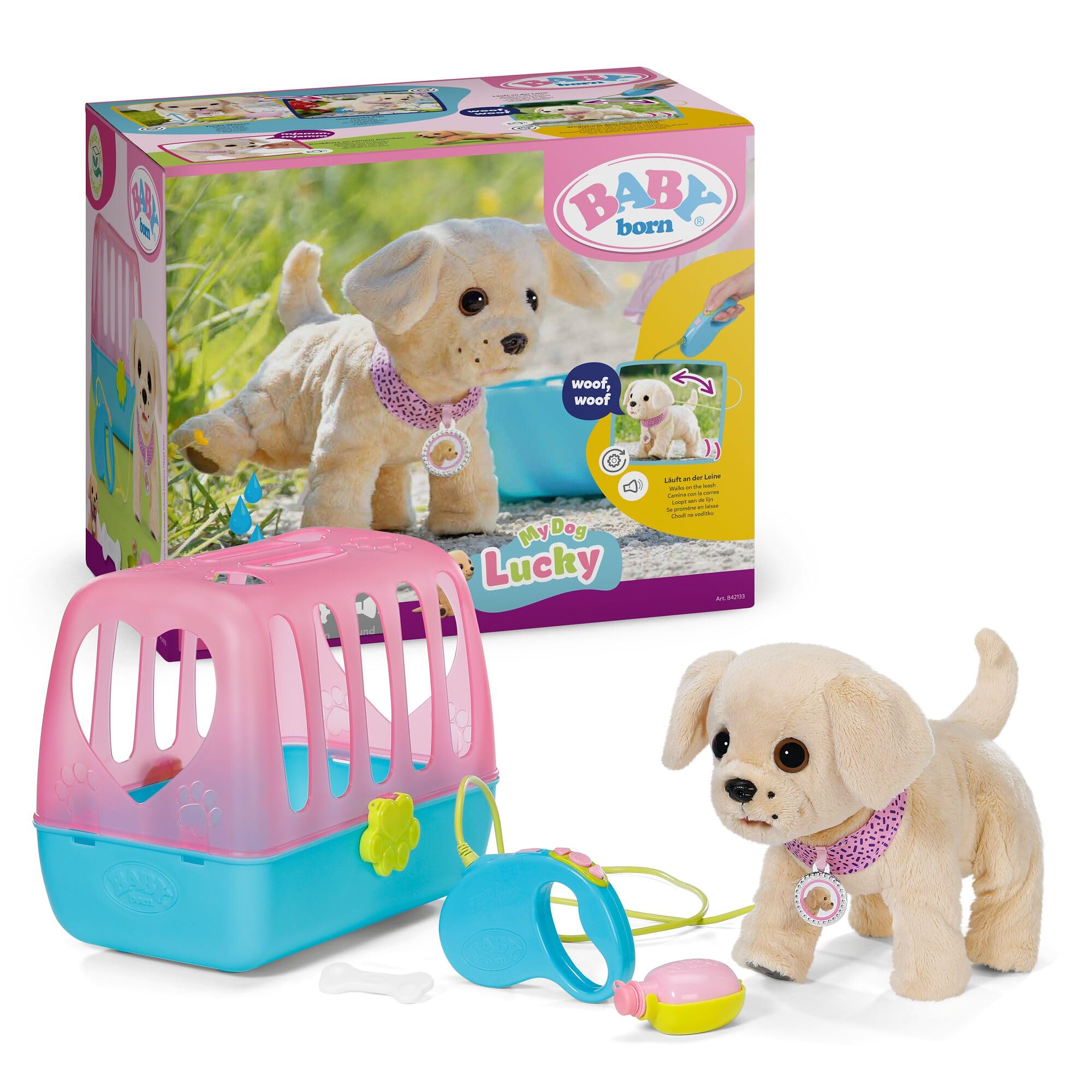 BABY Born Mein Hund Lucky mit Transportbox | 5 Funktionen, Transportbox, Batterien erforderlich