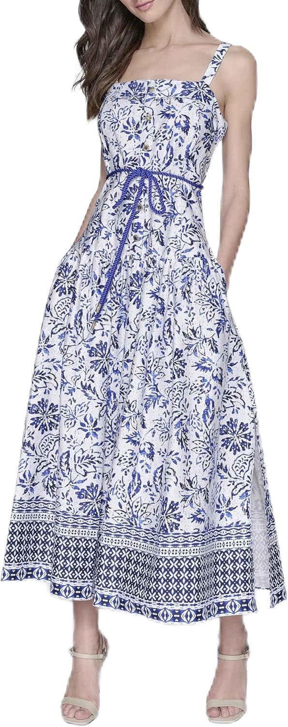 Karl Lagerfeld Womens Sleeveless Square Neck Cotton Midi Dress