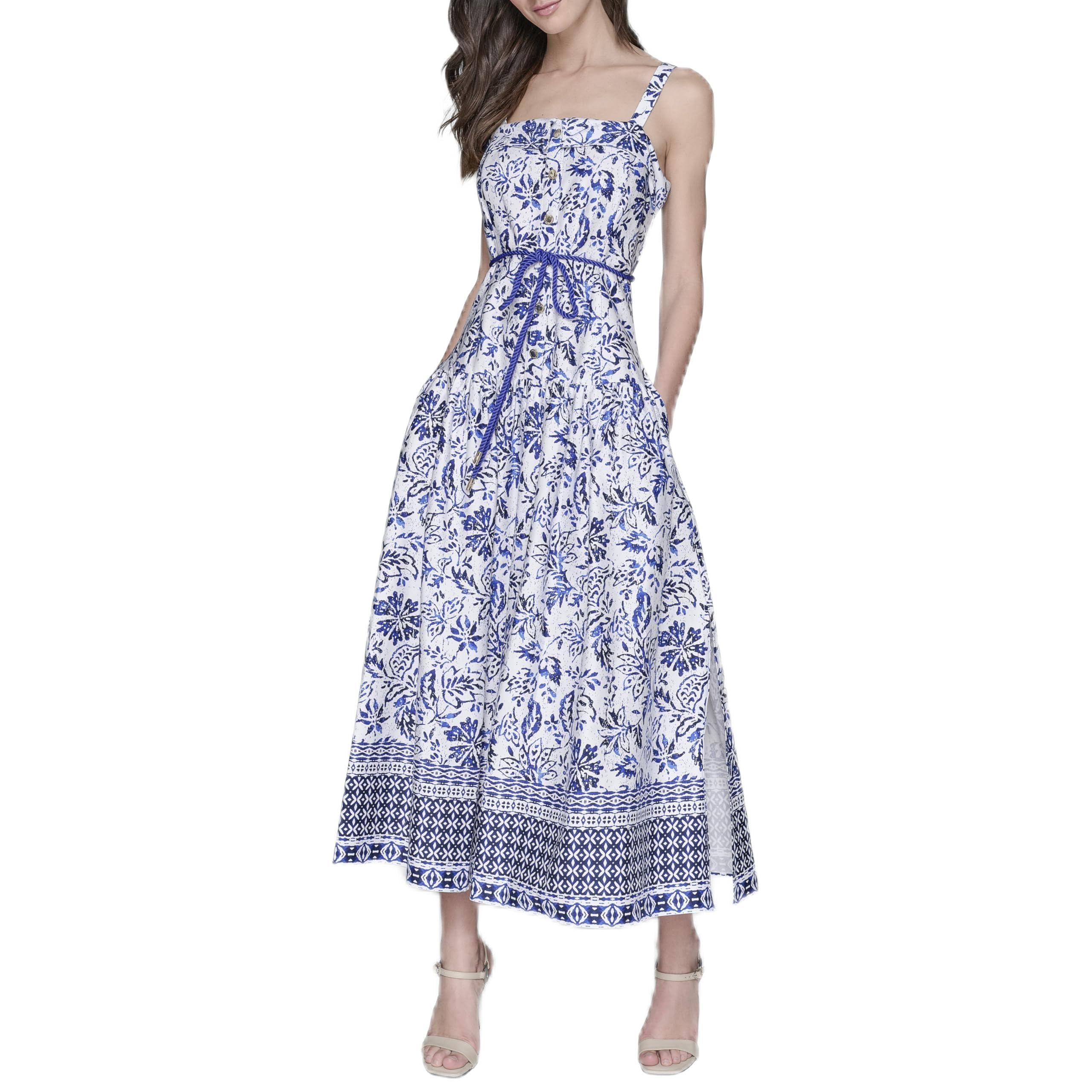 Robe Midi Karl Lagerfeld Paris sans Manches en Coton avec Col Carré Taille 36 Femme