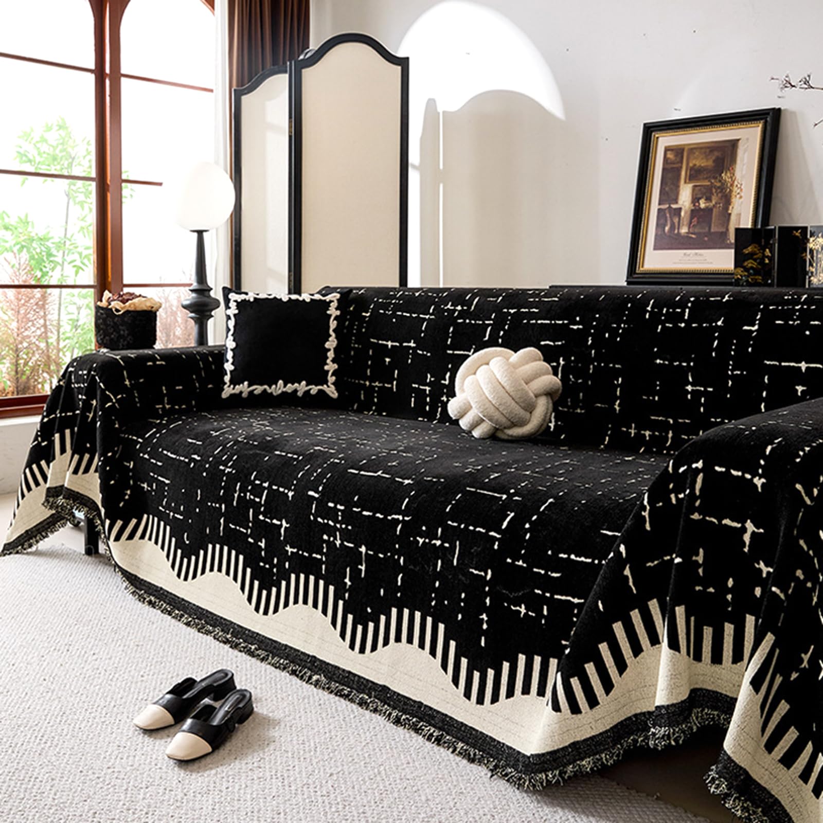 ZCXRYFL Soft Throws For Sofas Large Armchairs Settee L/U-Shaped Sofa Cover 1 2 3 4 Seater Couch Throw Blanket Chenille Sofa Cushion Slipcovers For Office Nap Camping(180X230cm,Black)