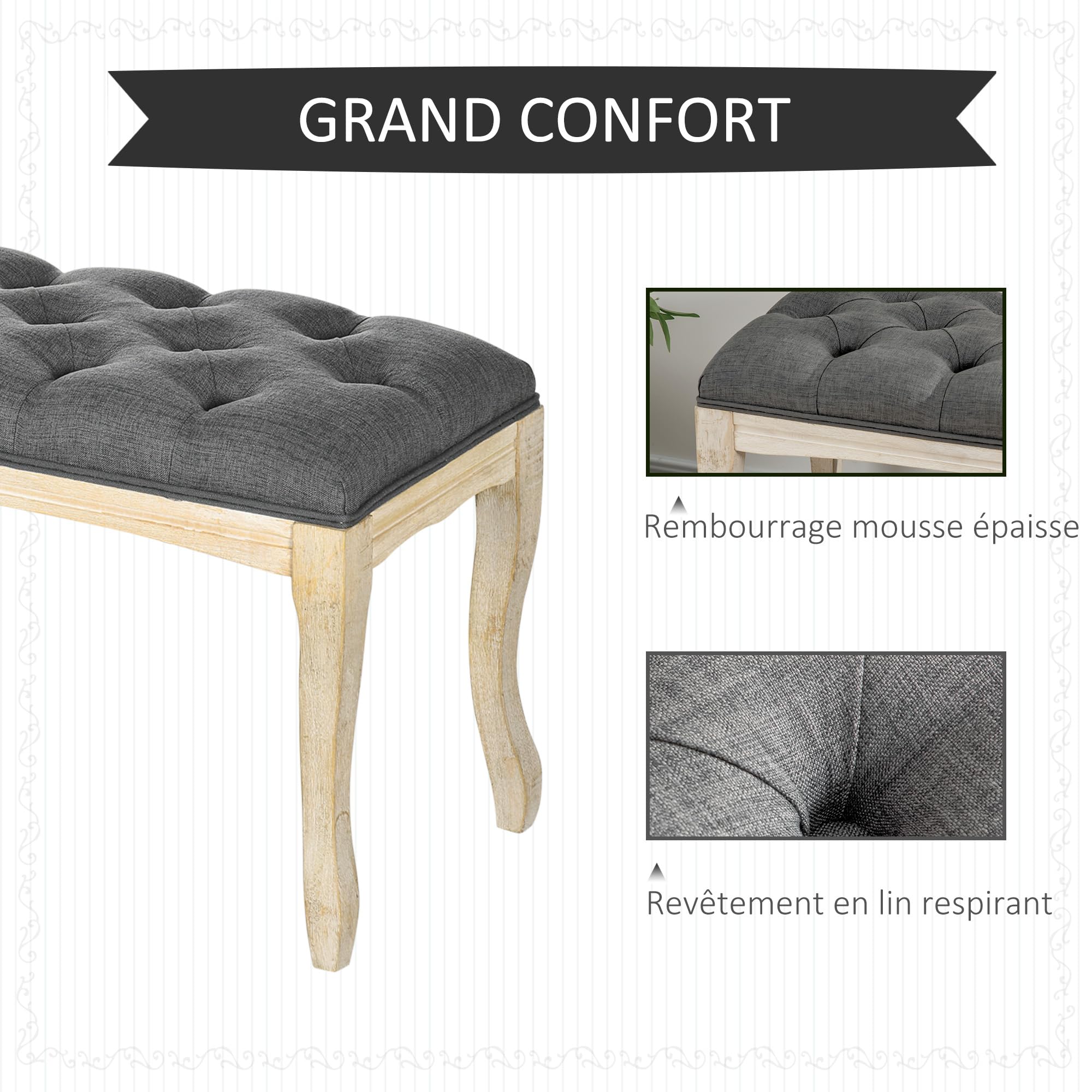 HOMCOM Panca imbottita stile classico, 110 cm, con testiera imbottita in lino, base in legno di Hevea intagliato, lino, grigio