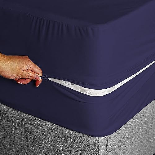 Sábana bajera ajustable con cremallera, tamaño individual, 39 x 75 pulgadas, bolsillo profundo de 8 pulgadas, color azul marino, 600 hilos, 100%