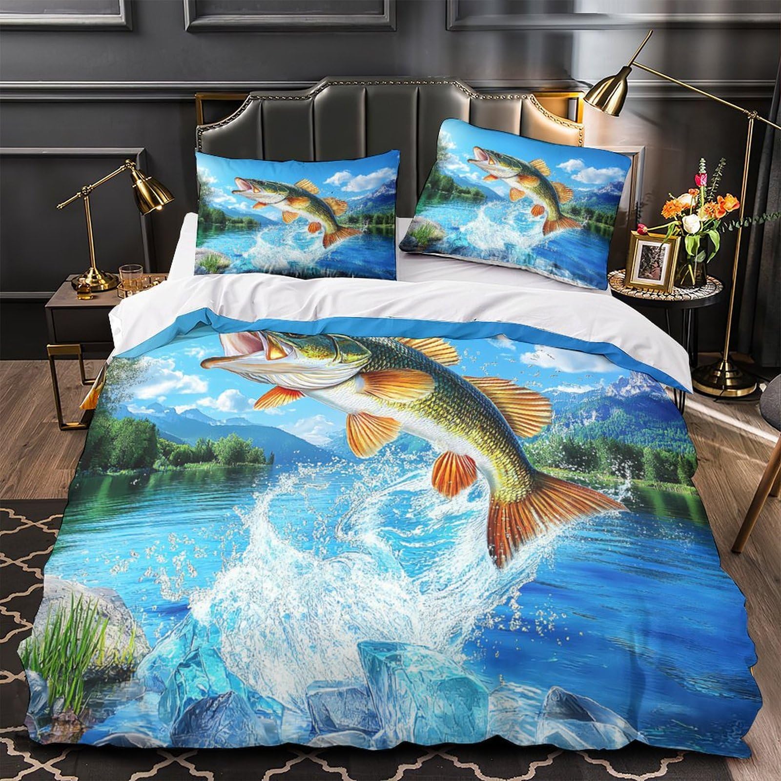 MMDASBVPE Fish Jumping Quilt Cover 3D Print Anti-allergic 3PCs Bed Linen Hidden Zipper Comforter Cover Luxury Breathable for Teens Adults Women Kids Youth Boys Girls Super king（260x220cm）