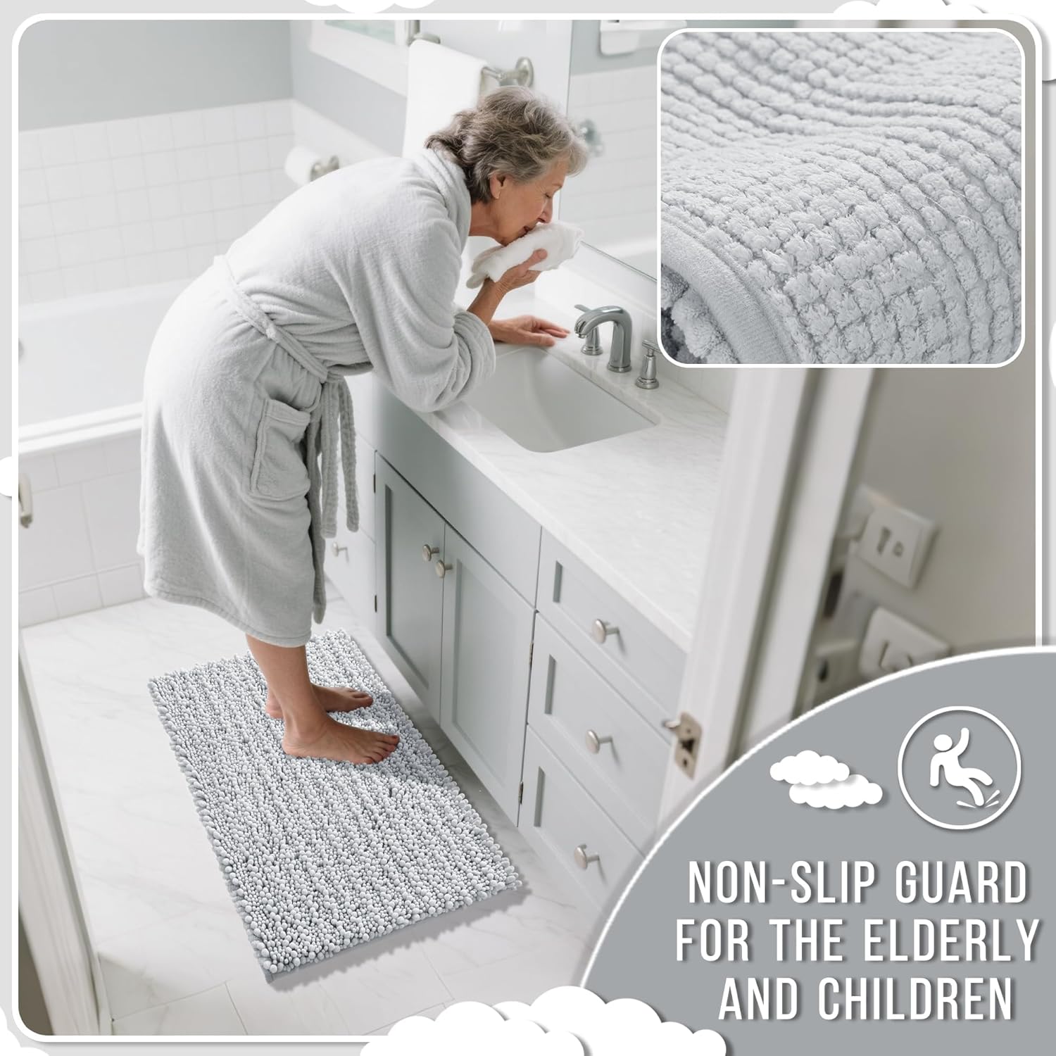 Yimobra Bathroom Rugs Non Slip Washable - Ultra Soft Absorbent Chenille Bath Mat, Quick Dry Shaggy Floor Carpet for Tub Shower, Silver Home Decor Accessories, 24x17 Inch - Image 6